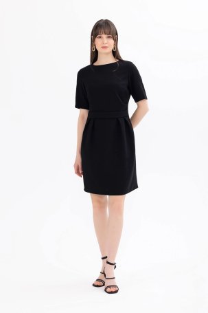 Seçil Kadın Bel Detaylı Kısa Kol Krep Kumaş Elbise 1041 Siyah - 3