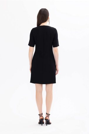 Seçil Kadın Bel Detaylı Kısa Kol Krep Kumaş Elbise 1041 Siyah - 4