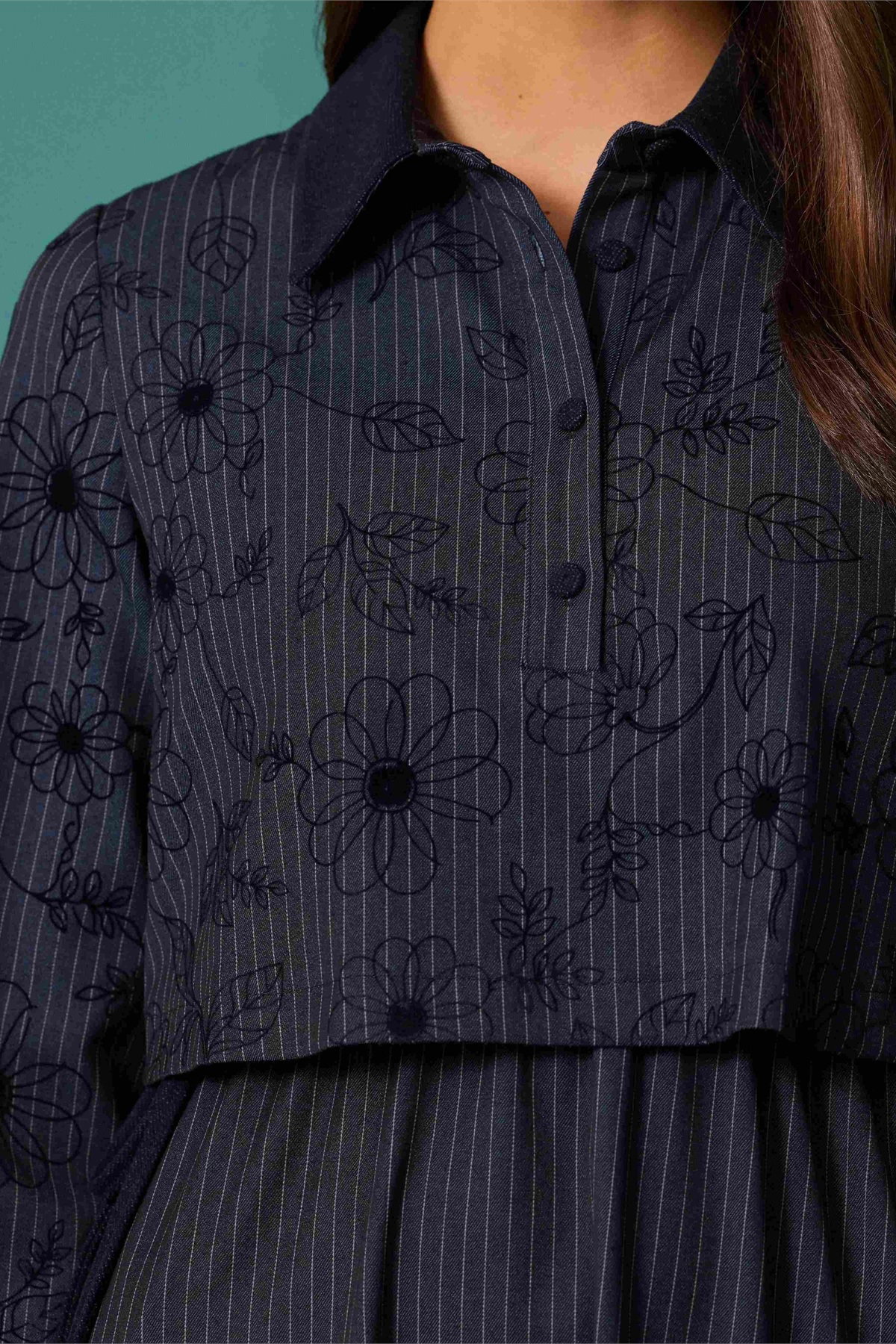 Seçil Kadın Beli Büzgülü Denim Görünümlü A Kesim Elbise Lacivert - 3