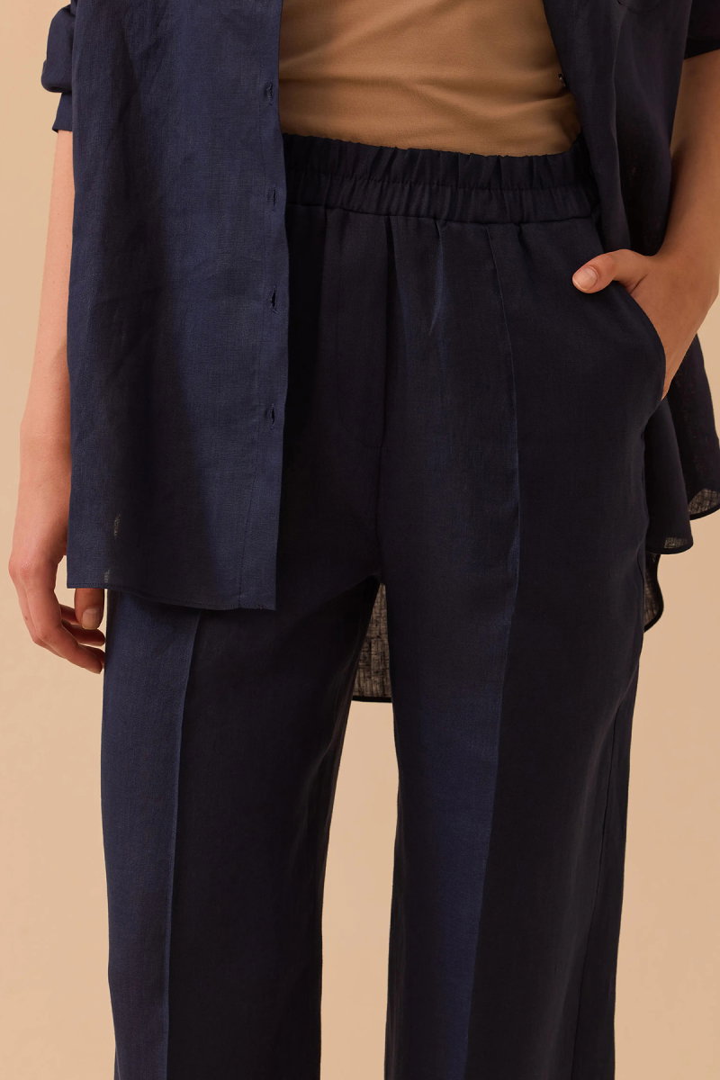 Seçil Kadın Beli Lastik Detaylı Rahat Kesim Keten Pantolon 0054 Lacivert - 2