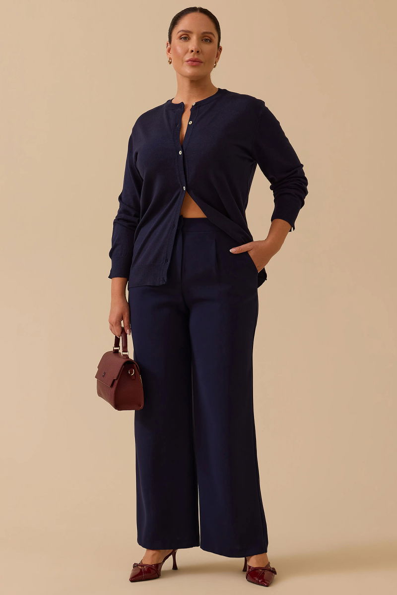 Seçil Kadın Beli Lastikli Tek Pile Geniş Paça Pantolon 0014 Lacivert - Seçil