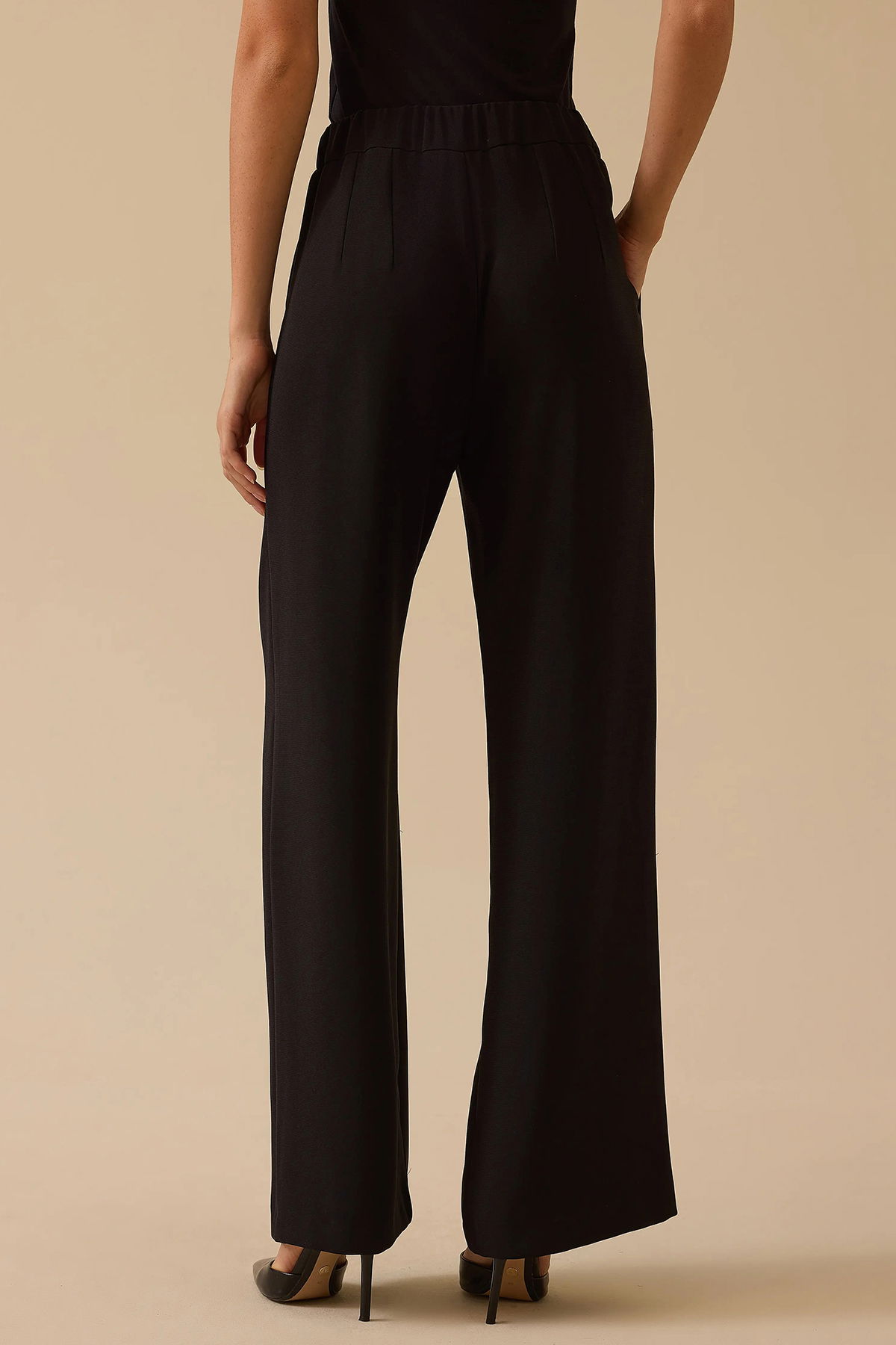 Seçil Kadın Beli Lastikli Tek Pile Geniş Paça Pantolon 0014 Siyah - 4