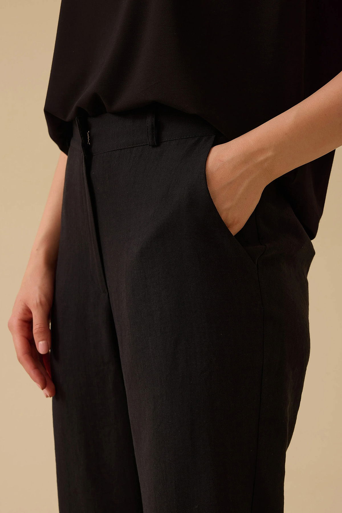 Seçil Kadın Bol Paça Keten Pantolon 0026 Siyah - 3