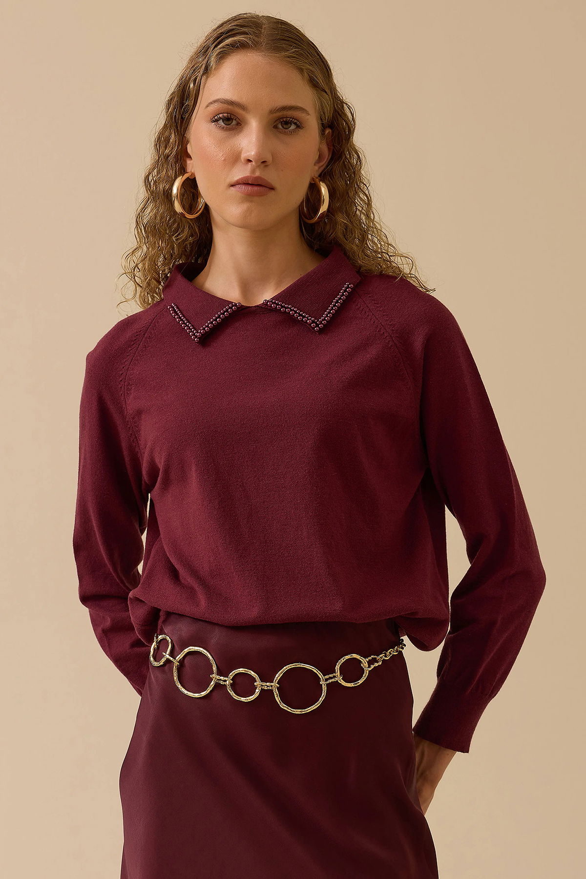 Seçil Kadın Boncuk Detaylı Bel Boy Triko Bluz 0008 Bordo - 1