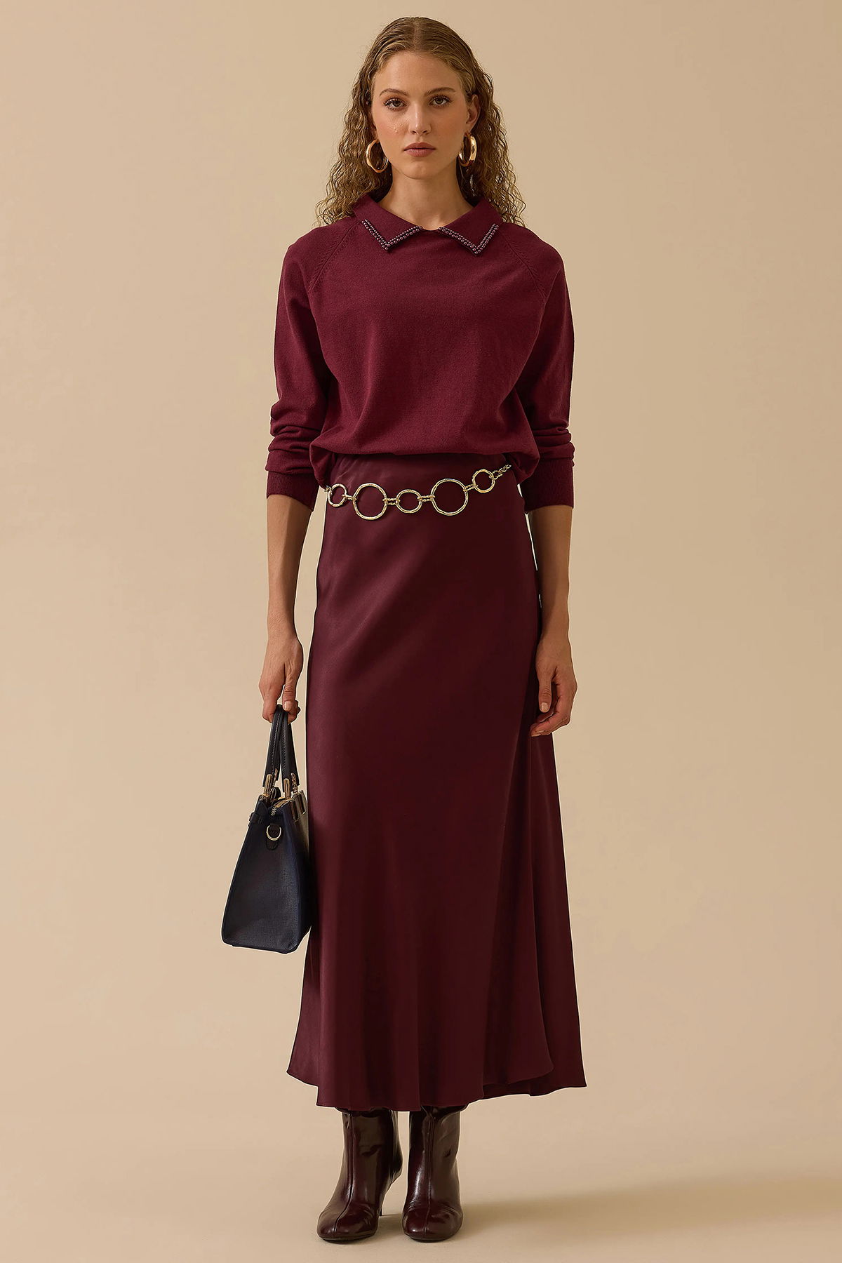 Seçil Kadın Boncuk Detaylı Bel Boy Triko Bluz 0008 Bordo - 2