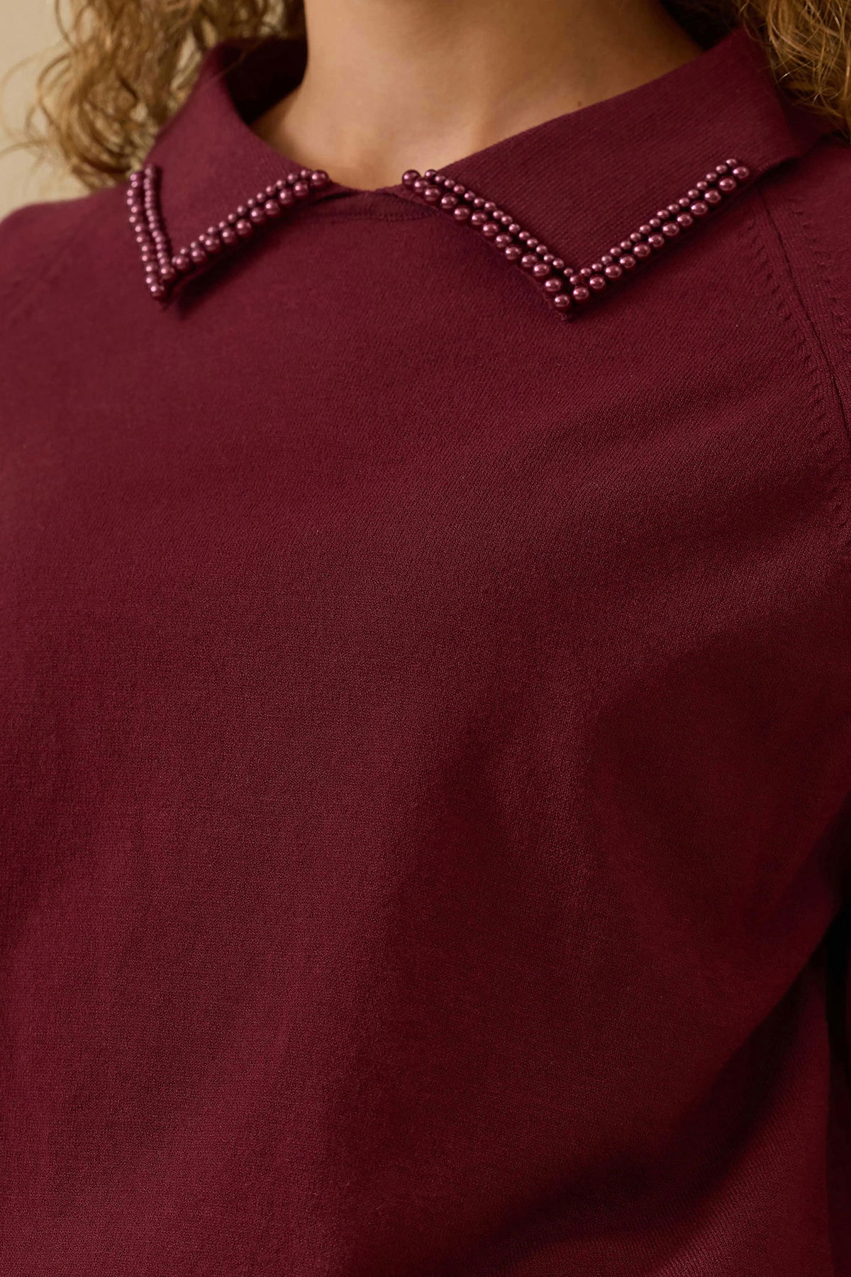 Seçil Kadın Boncuk Detaylı Bel Boy Triko Bluz 0008 Bordo - 3