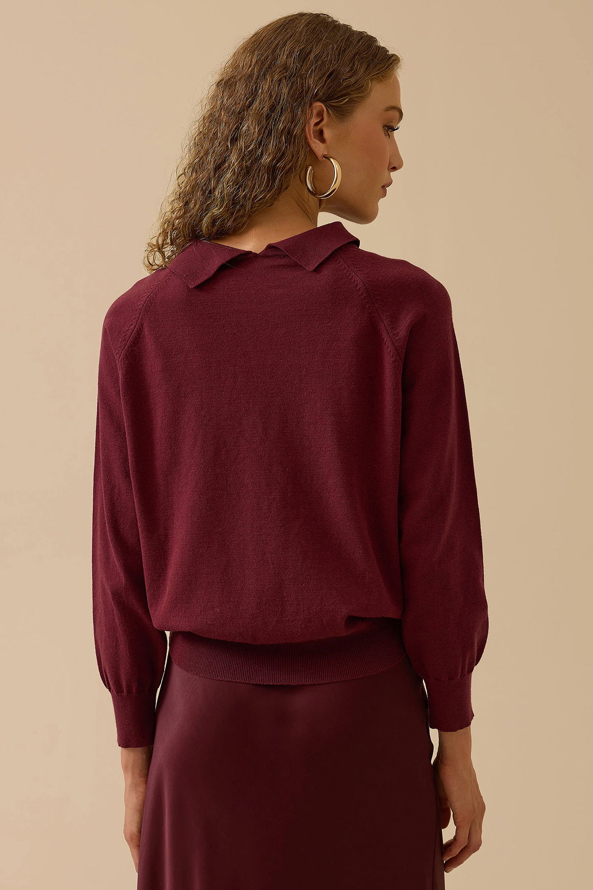 Seçil Kadın Boncuk Detaylı Bel Boy Triko Bluz 0008 Bordo - 4