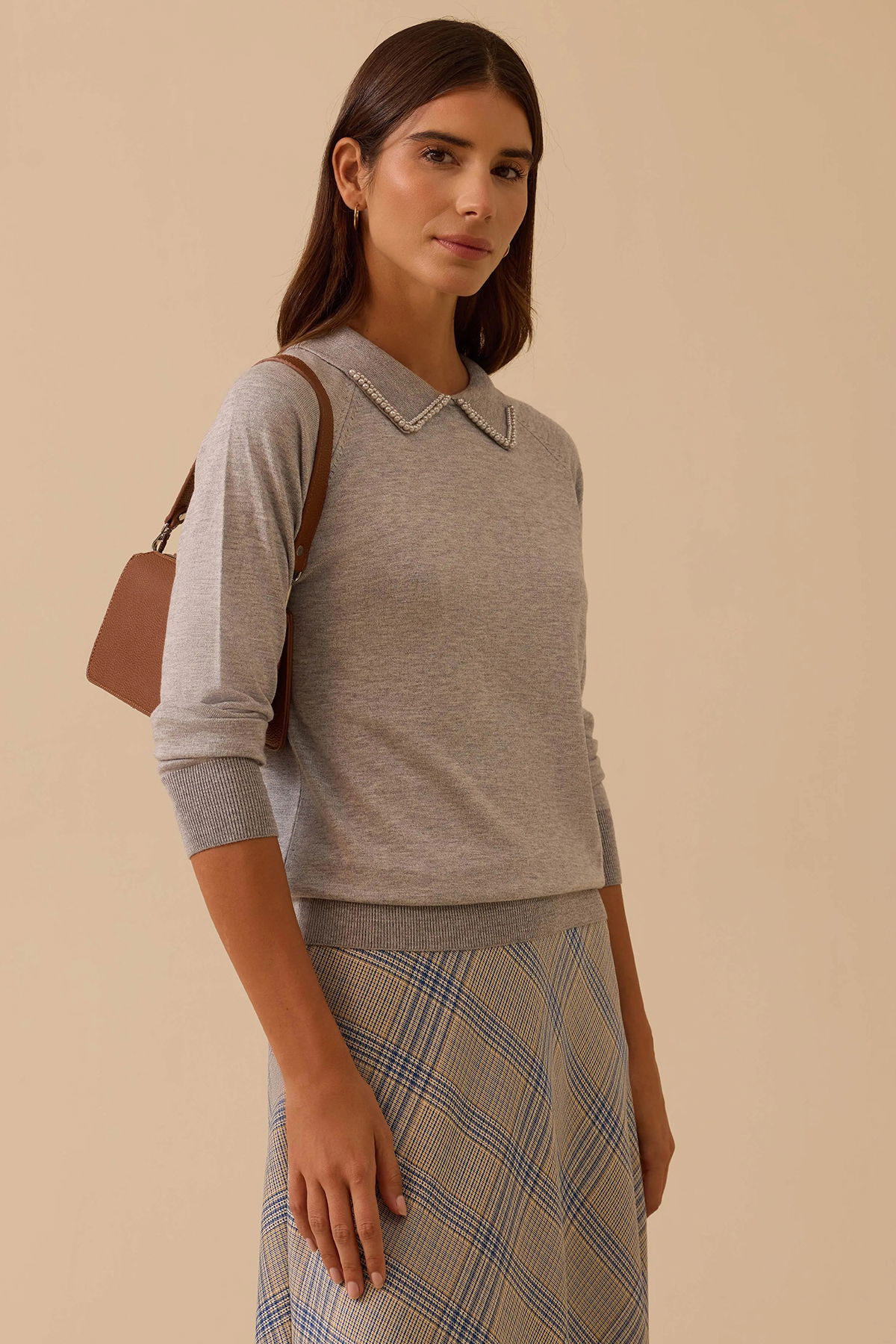 Seçil Kadın Boncuk Detaylı Bel Boy Triko Bluz 0008 Gri - 1