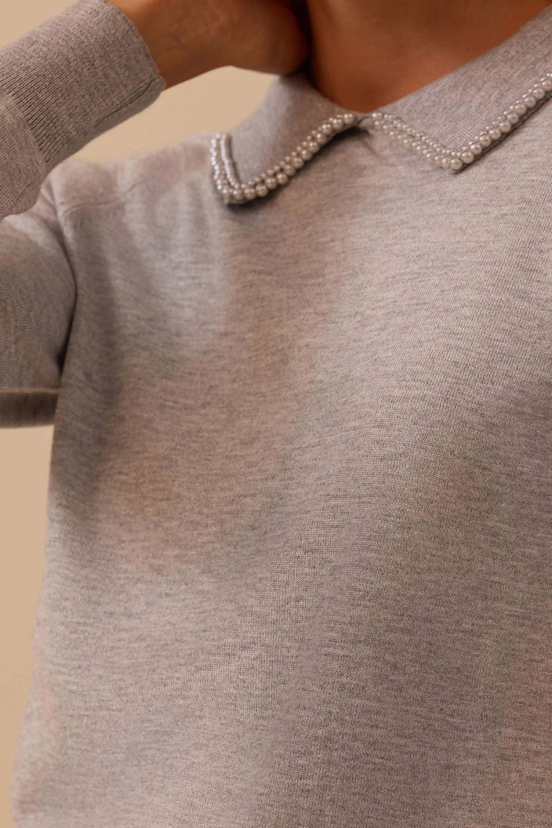 Seçil Kadın Boncuk Detaylı Bel Boy Triko Bluz 0008 Gri - 3