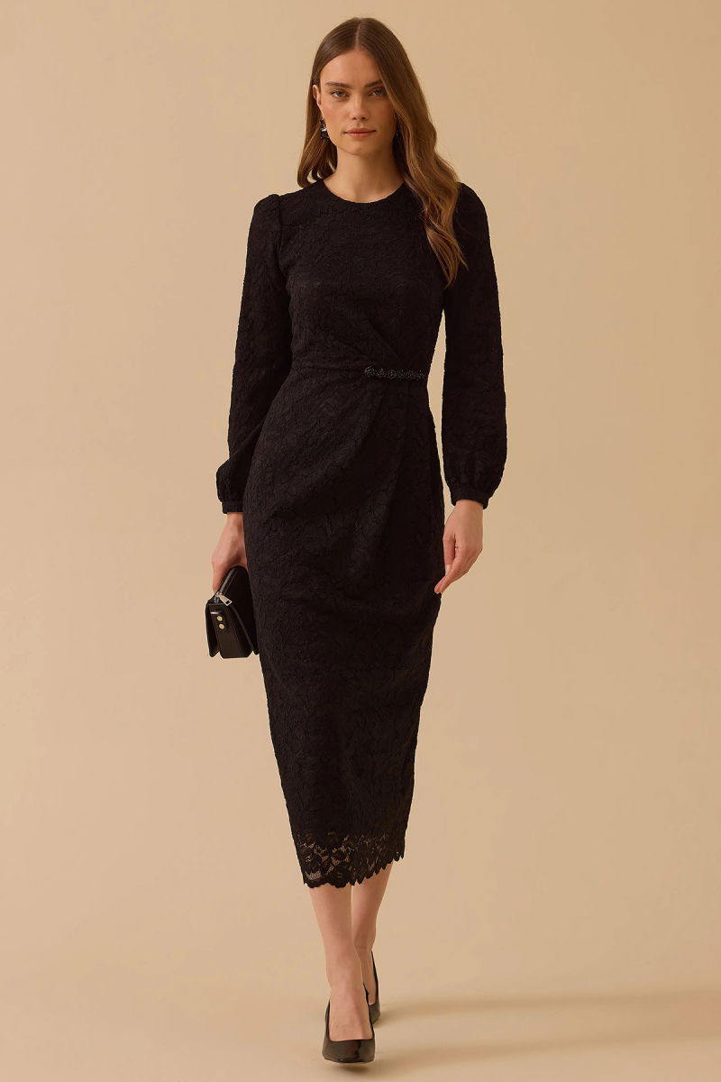 Seçil Kadın Boncuk Detaylı Dantel Elbise 1025 Siyah - Seçil