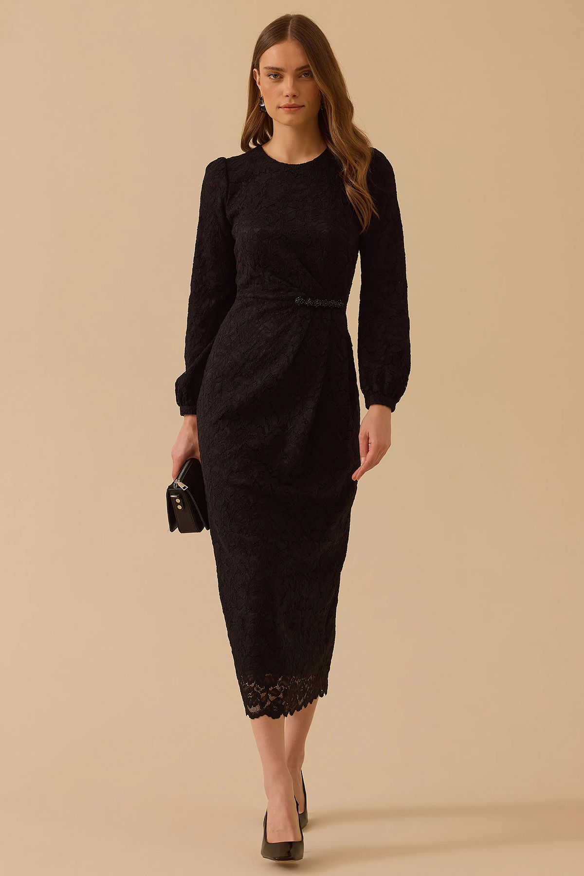 Seçil Kadın Boncuk Detaylı Dantel Elbise 1025 Siyah - 1