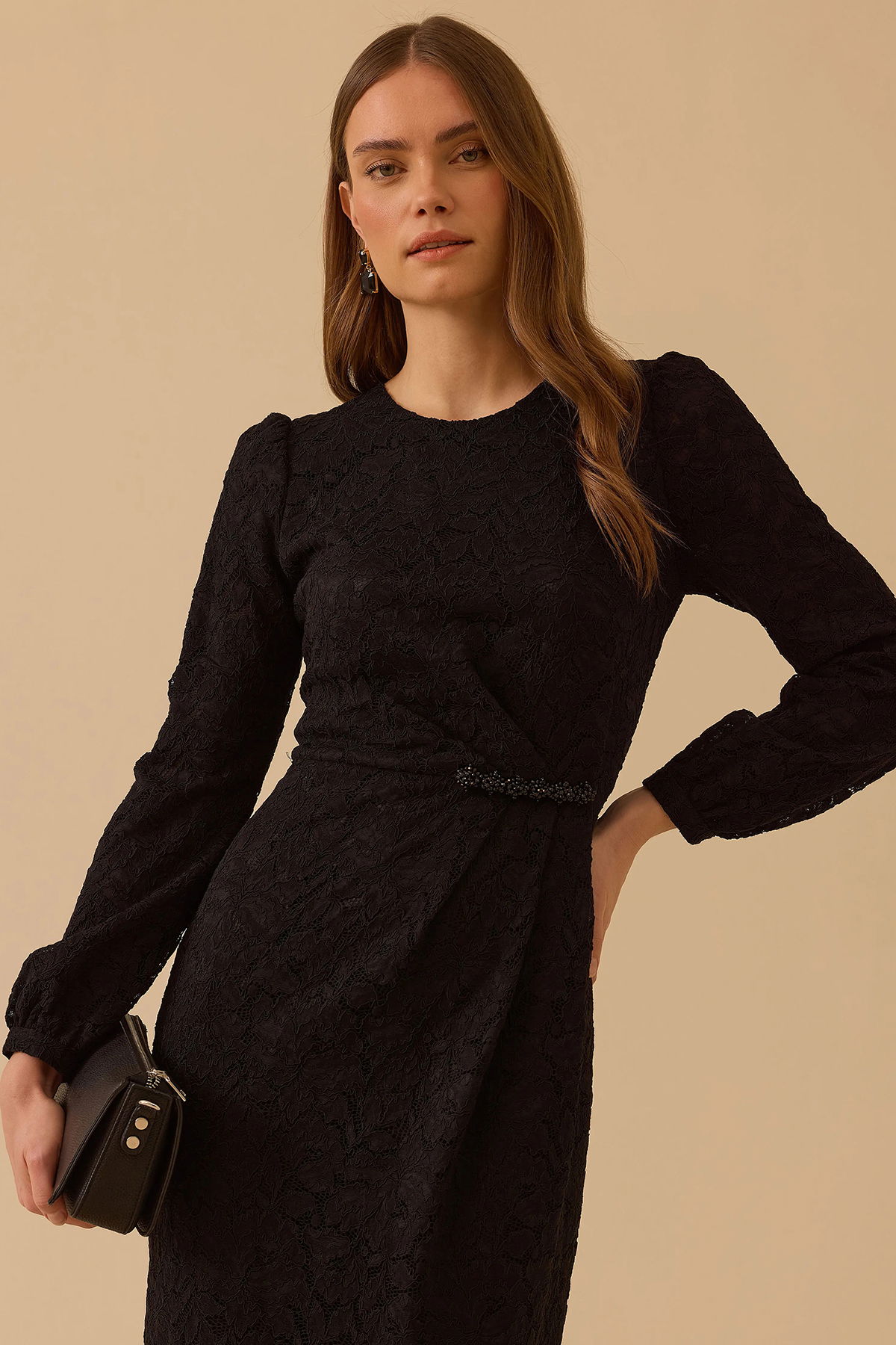 Seçil Kadın Boncuk Detaylı Dantel Elbise 1025 Siyah - 2