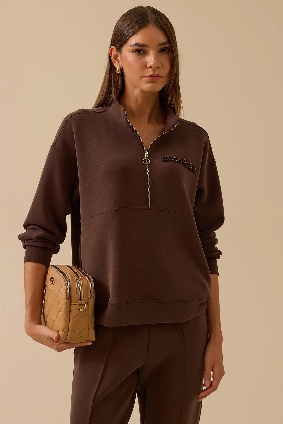 Seçil Kadın Boncuk Detaylı Fermuarlı Sweatshirt 0003 Kahverengi - 1