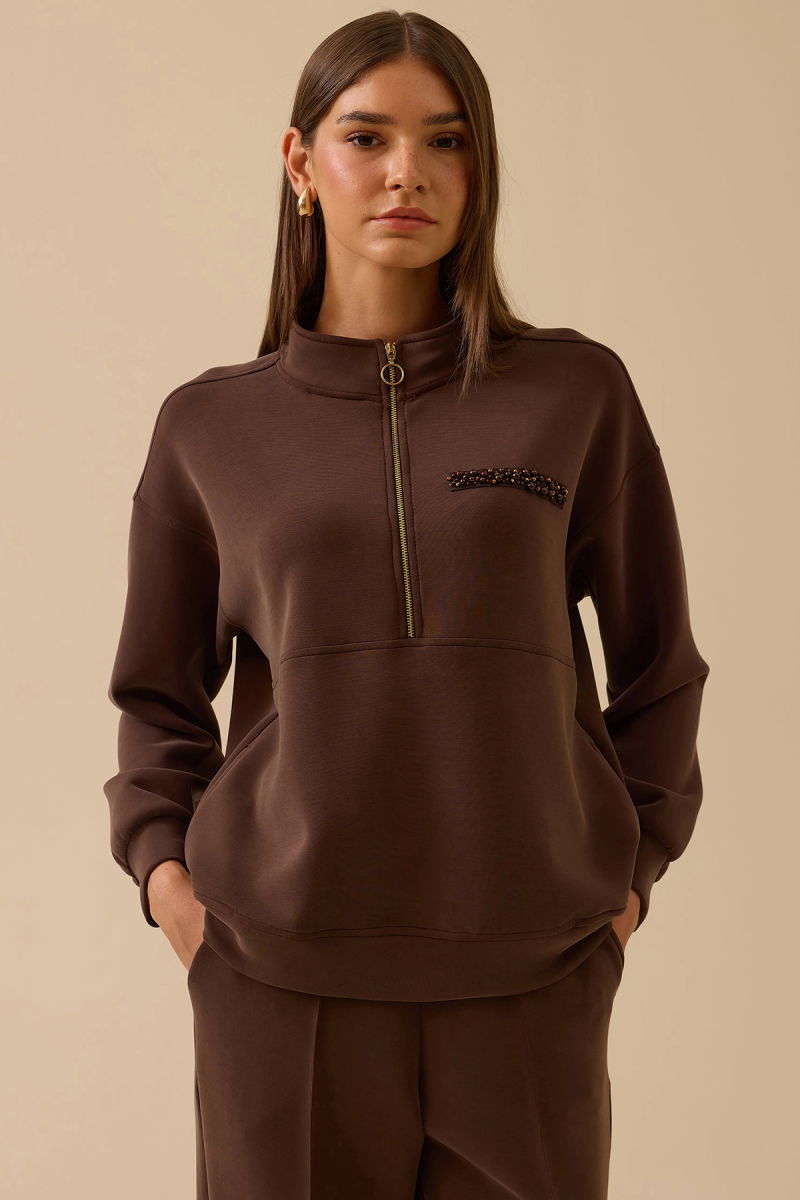 Seçil Kadın Boncuk Detaylı Fermuarlı Sweatshirt 0003 Kahverengi - 3