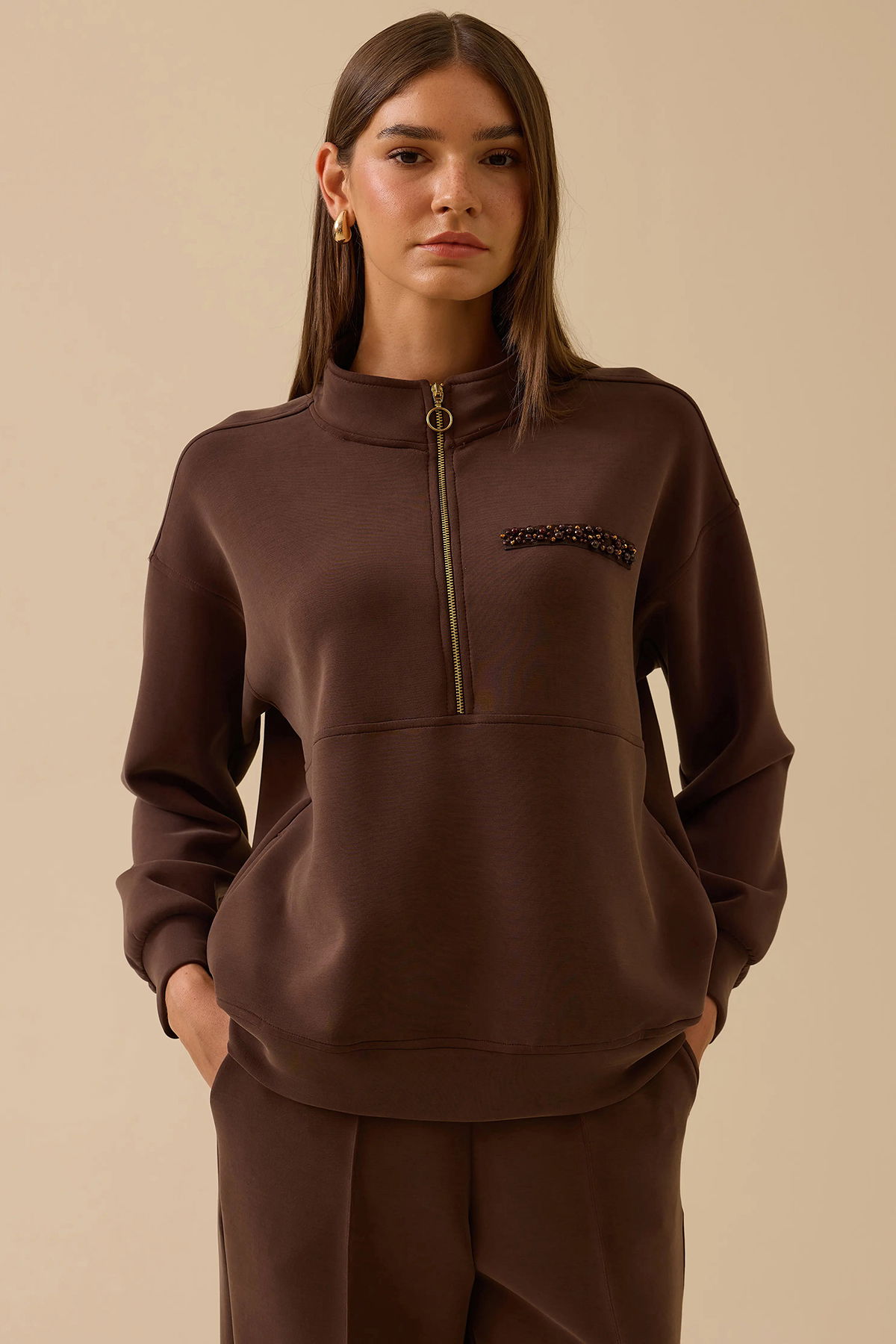 Seçil Kadın Boncuk Detaylı Fermuarlı Sweatshirt 0003 Kahverengi - 3