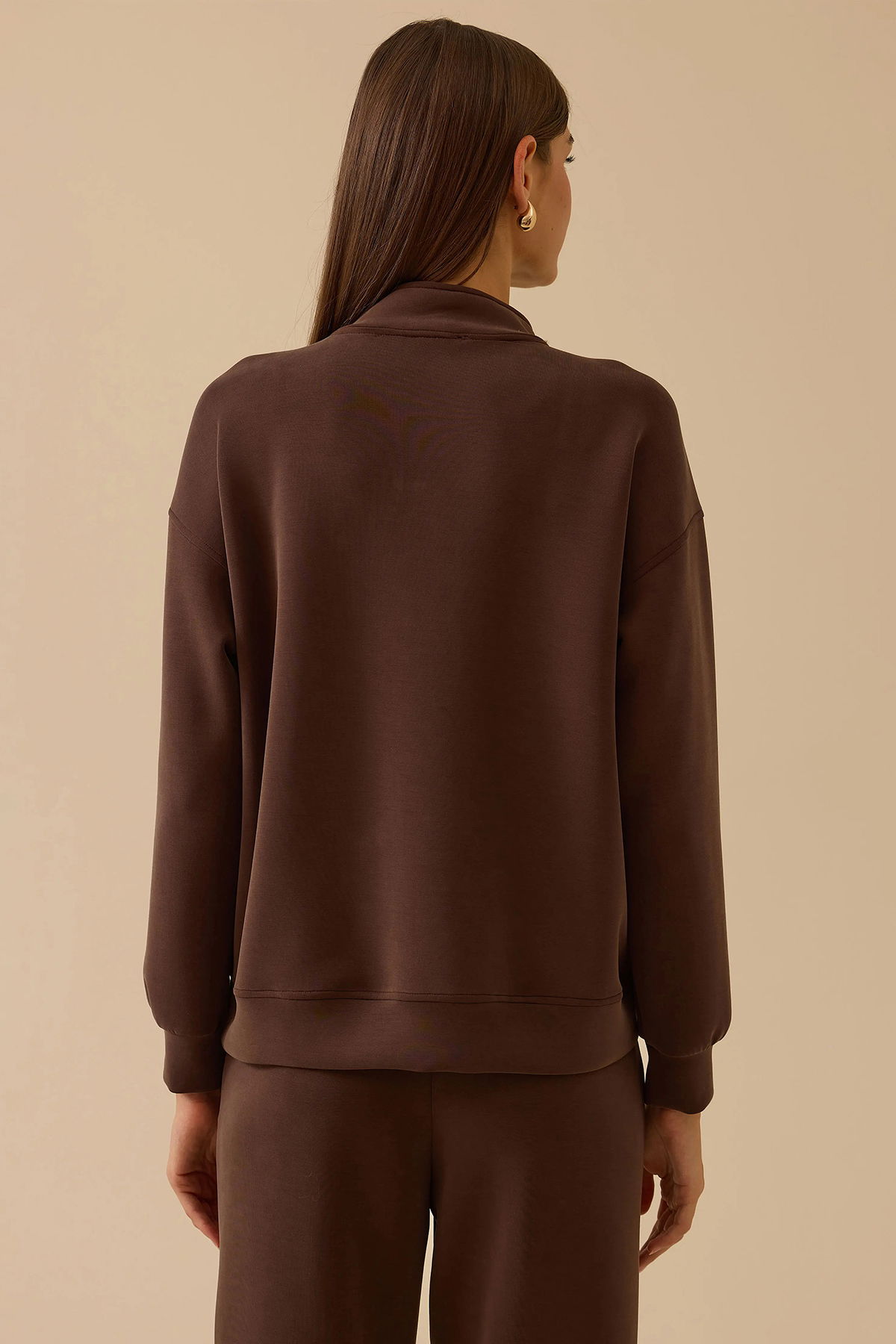 Seçil Kadın Boncuk Detaylı Fermuarlı Sweatshirt 0003 Kahverengi - 4