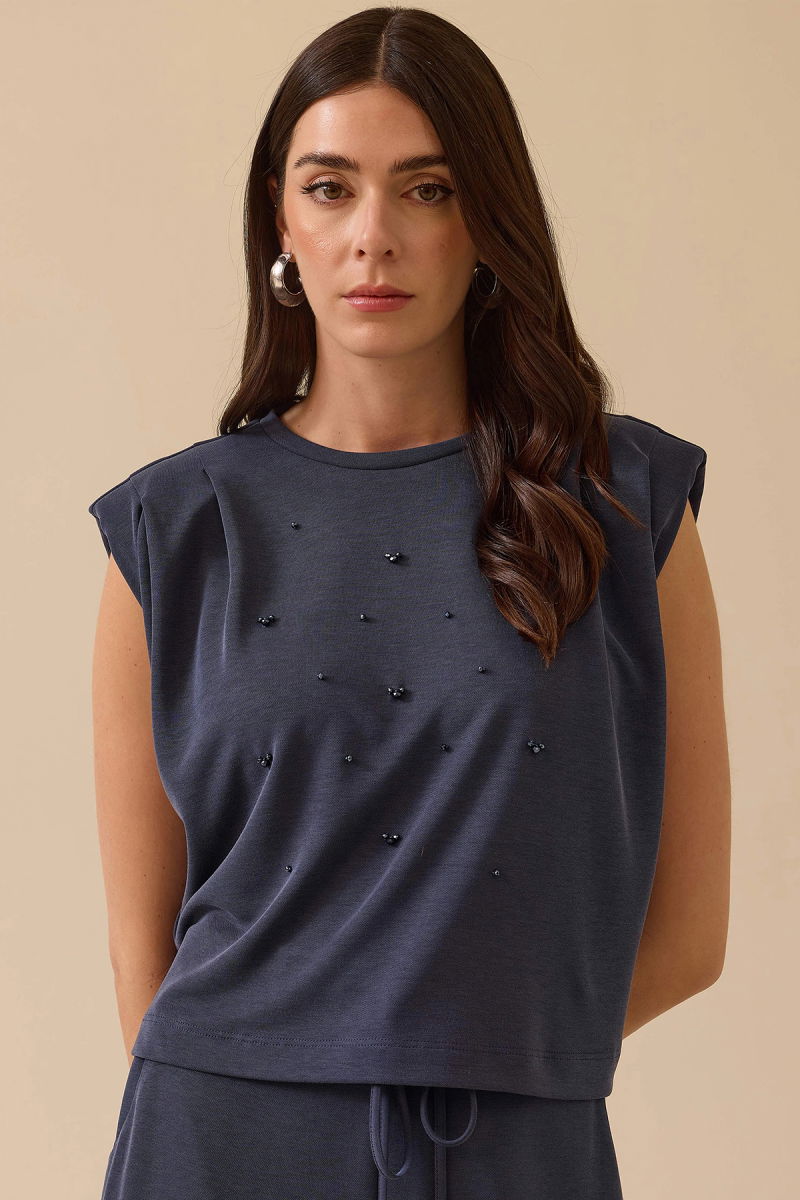 Seçil Kadın Boncuk Detaylı Vatkalı Bluz 0014 Indigo - 2