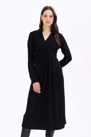 Seçil Kadın Büzgülü V Yakalı Midi Boy Örme Elbise 1040 Siyah - 1