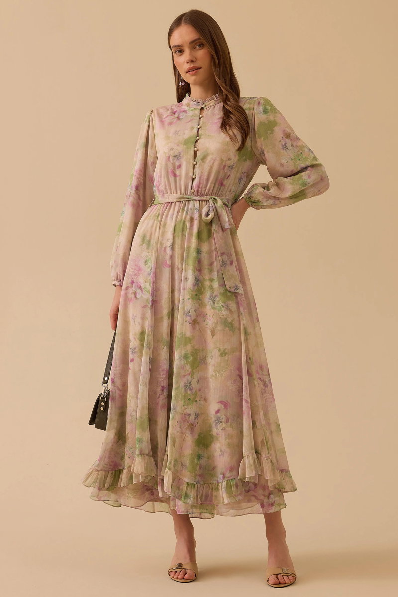 Seçil Kadın Çiçek Desenli Fırfırlı Şifon Elbise 1023 Pembe - Seçil