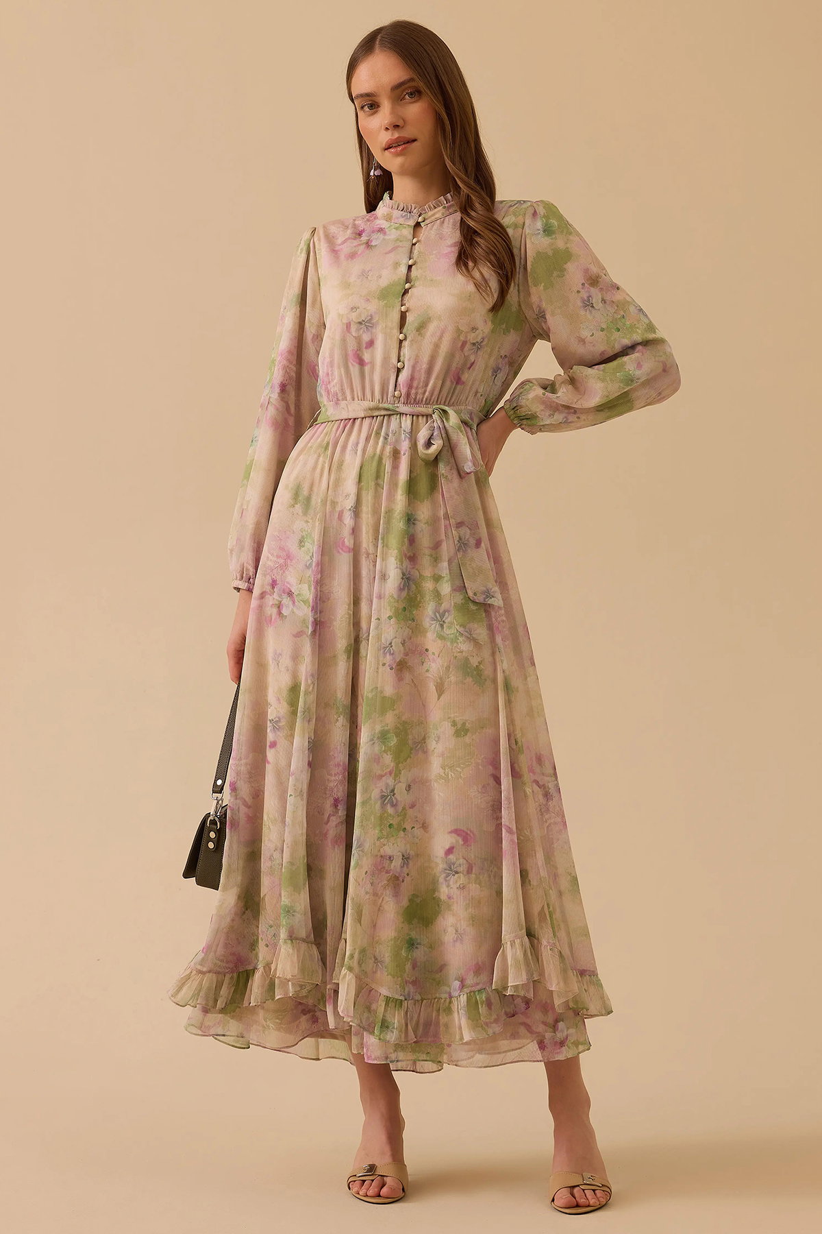 Seçil Kadın Çiçek Desenli Fırfırlı Şifon Elbise 1023 Pembe - 1