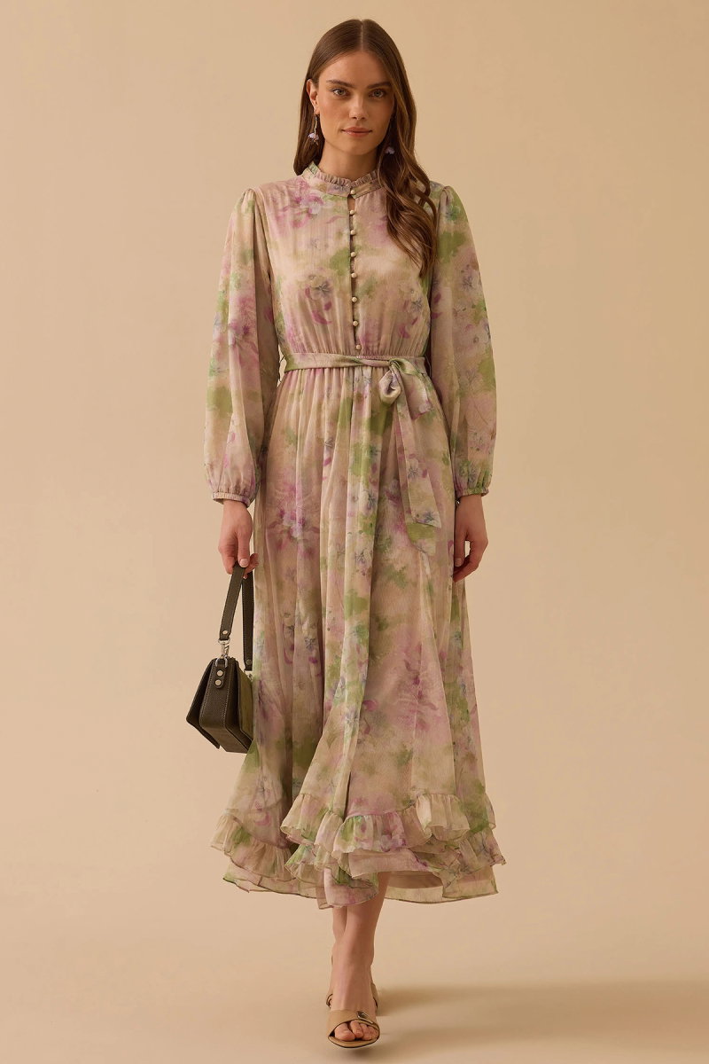 Seçil Kadın Çiçek Desenli Fırfırlı Şifon Elbise 1023 Pembe - 2