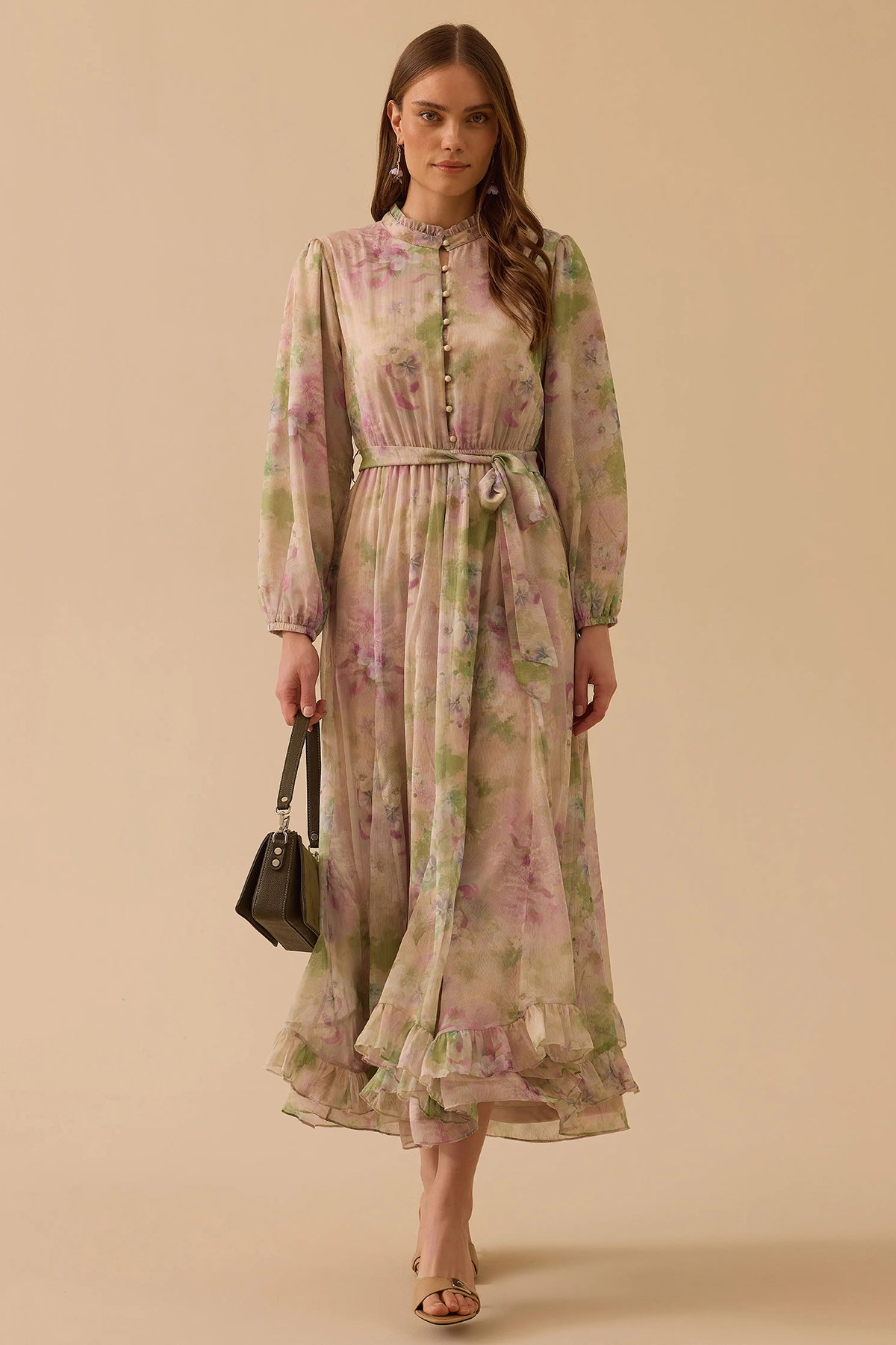 Seçil Kadın Çiçek Desenli Fırfırlı Şifon Elbise 1023 Pembe - 2