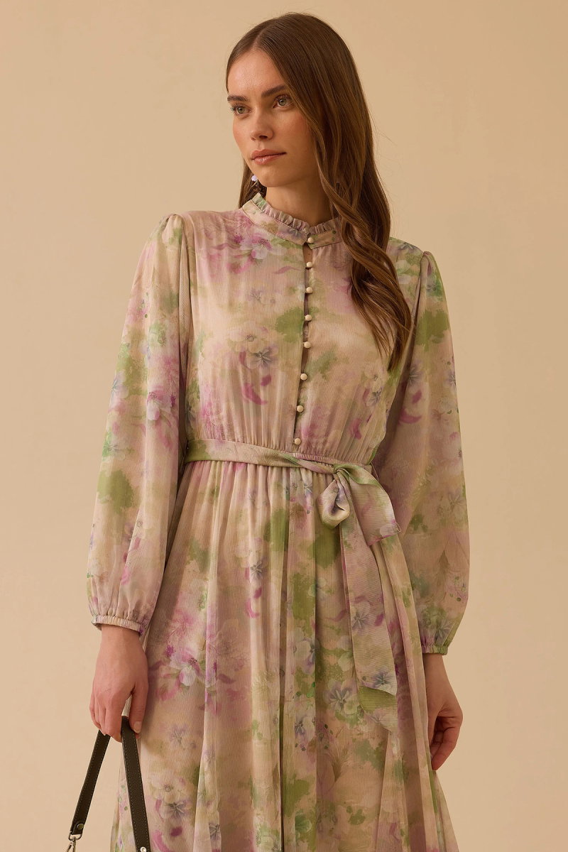 Seçil Kadın Çiçek Desenli Fırfırlı Şifon Elbise 1023 Pembe - 3