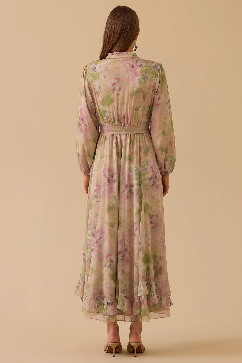 Seçil Kadın Çiçek Desenli Fırfırlı Şifon Elbise 1023 Pembe - 4