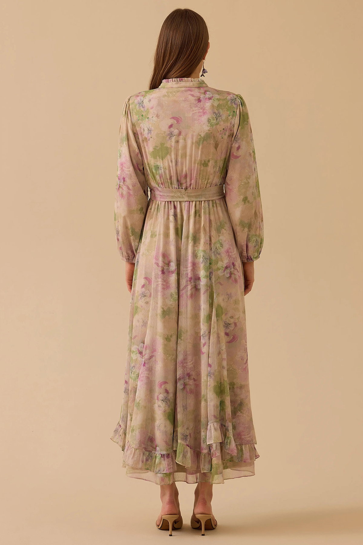 Seçil Kadın Çiçek Desenli Fırfırlı Şifon Elbise 1023 Pembe - 4