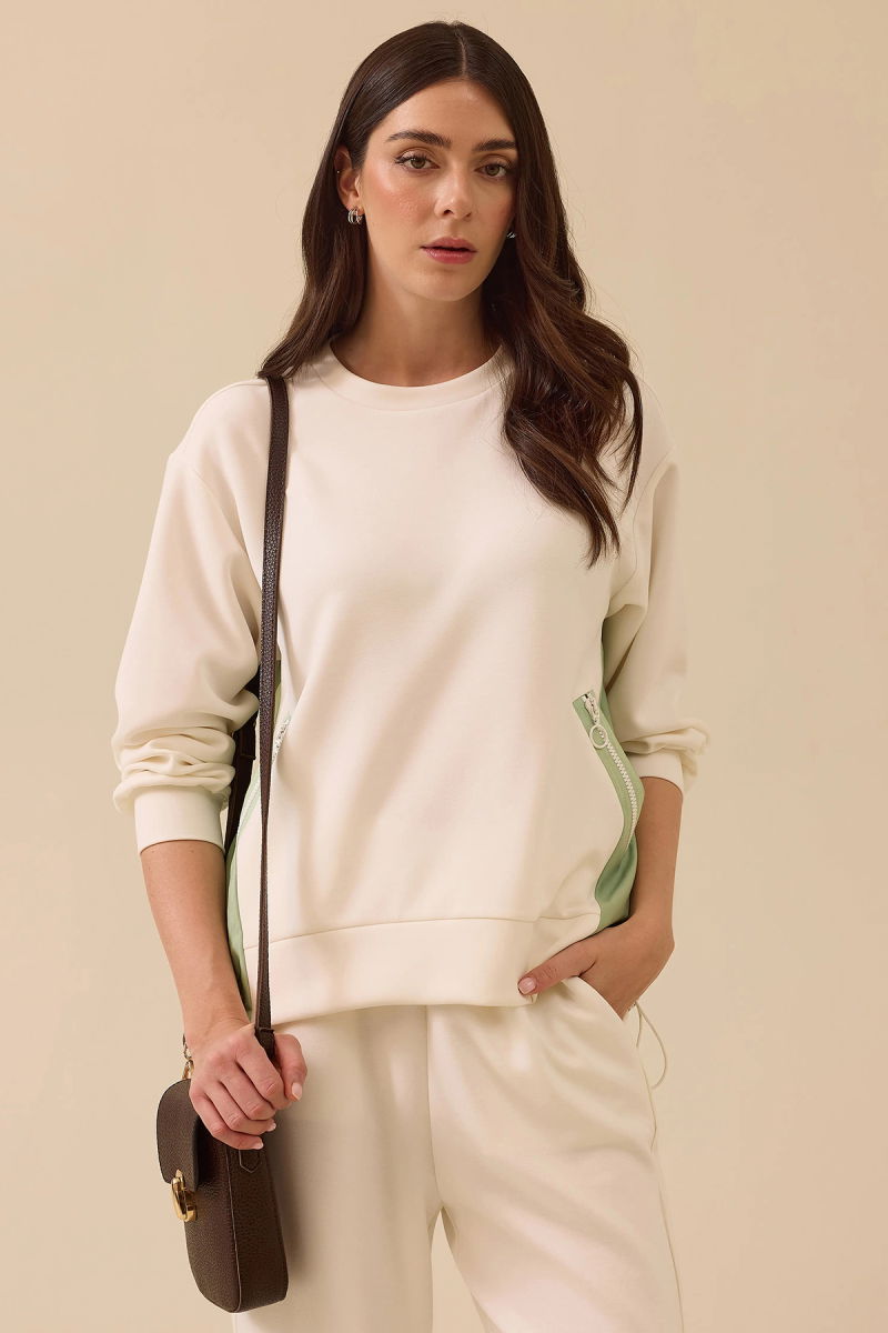 Seçil Kadın Çift Kumaşlı Cepli Beli Büzgülü Sweatshirt 0003 Ekru - 1
