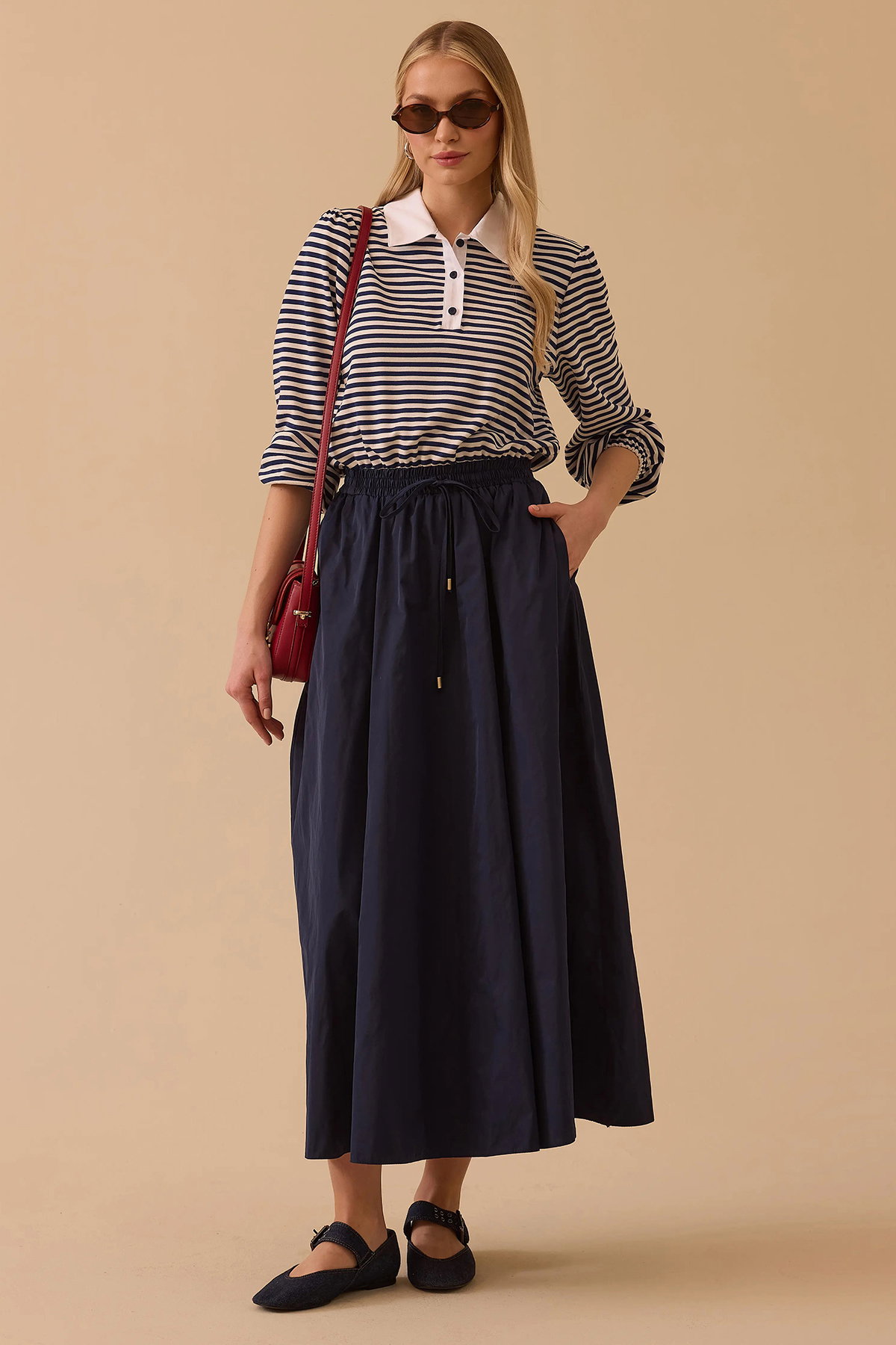 Seçil Kadın Çift Parça Görünümlü Bel Bağcıklı Maksi Elbise 1007 Lacivert - 1