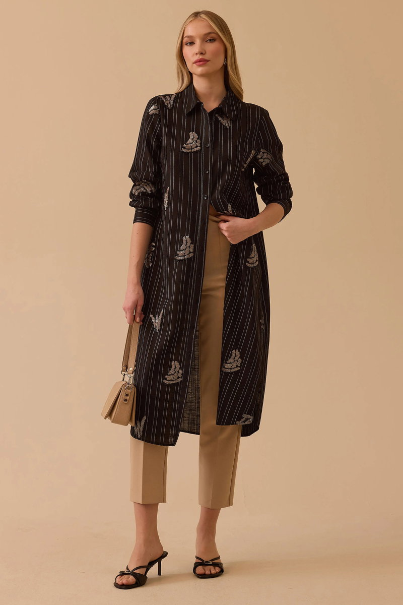 Seçil Kadın Çizgili İşlemeli Motif Detaylı Uzun Tunik 1048 Siyah - Seçil
