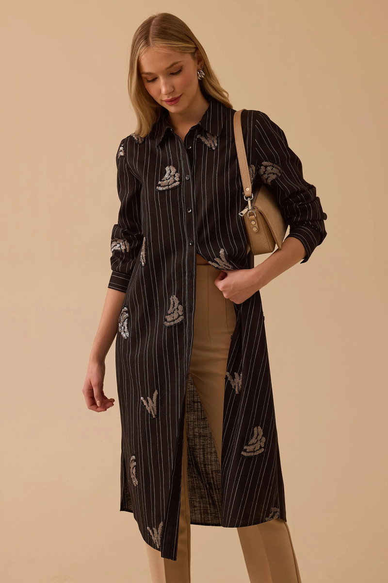 Seçil Kadın Çizgili İşlemeli Motif Detaylı Uzun Tunik 1048 Siyah - 2