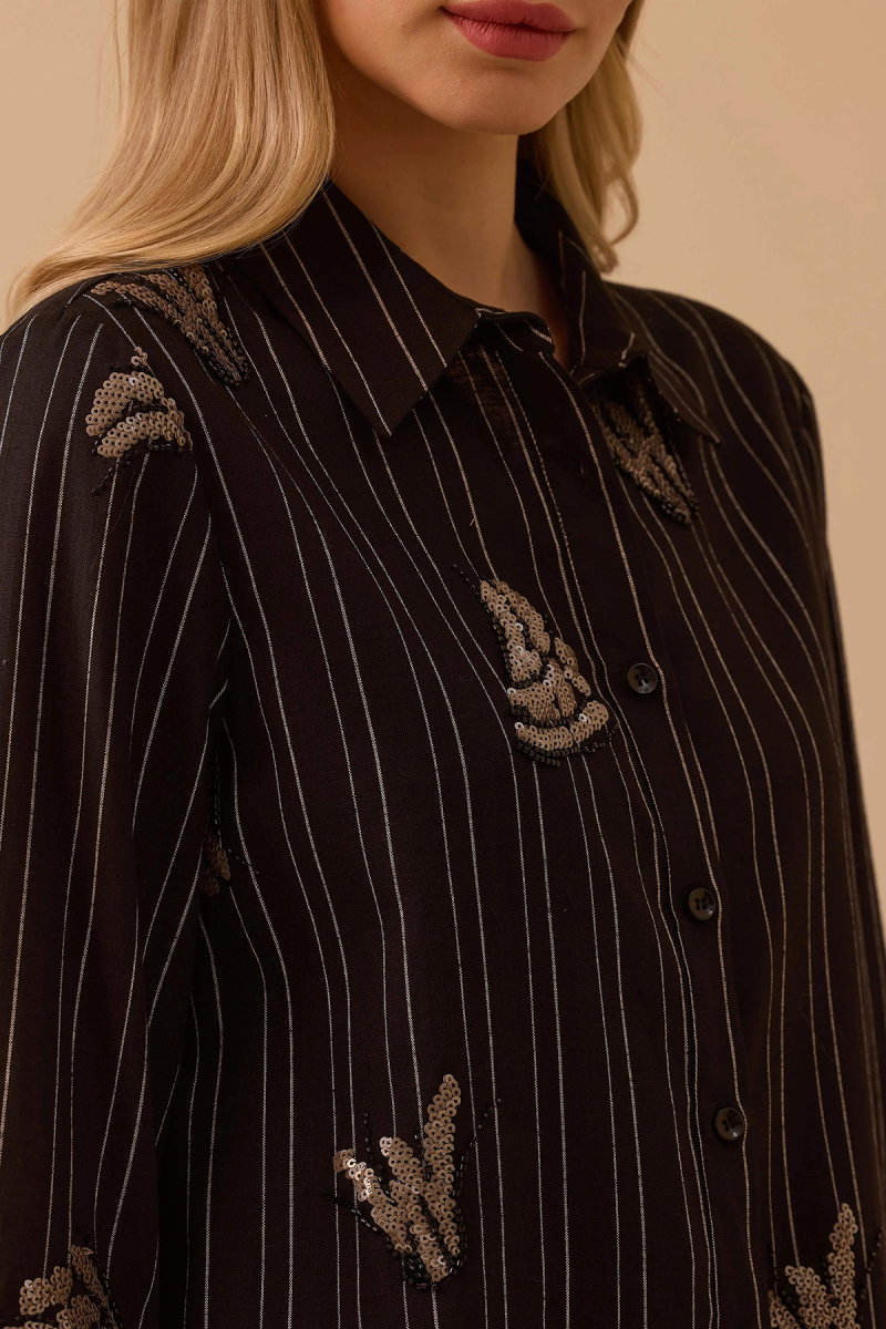 Seçil Kadın Çizgili İşlemeli Motif Detaylı Uzun Tunik 1048 Siyah - 3