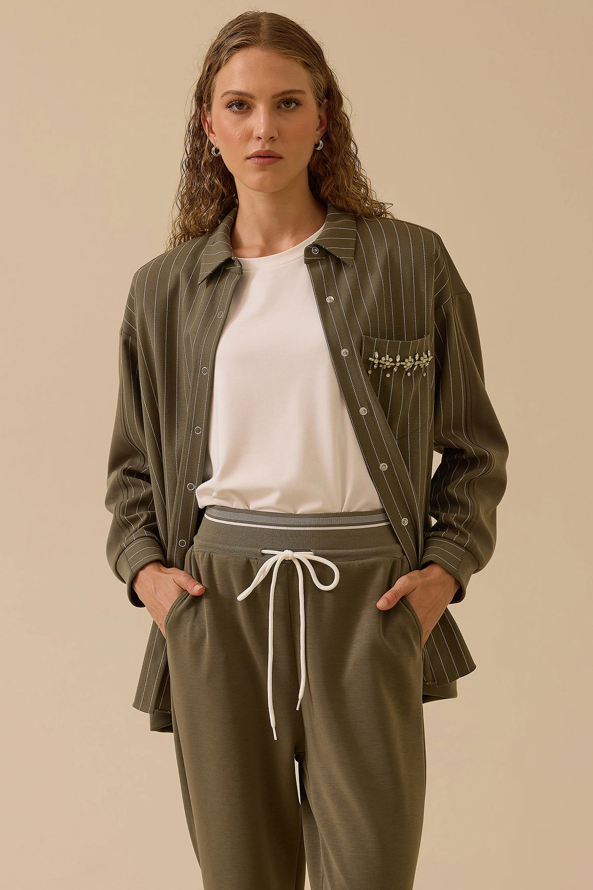 Seçil Kadın Çizgili Taş Detaylı Gömlek 0013 Haki - 1