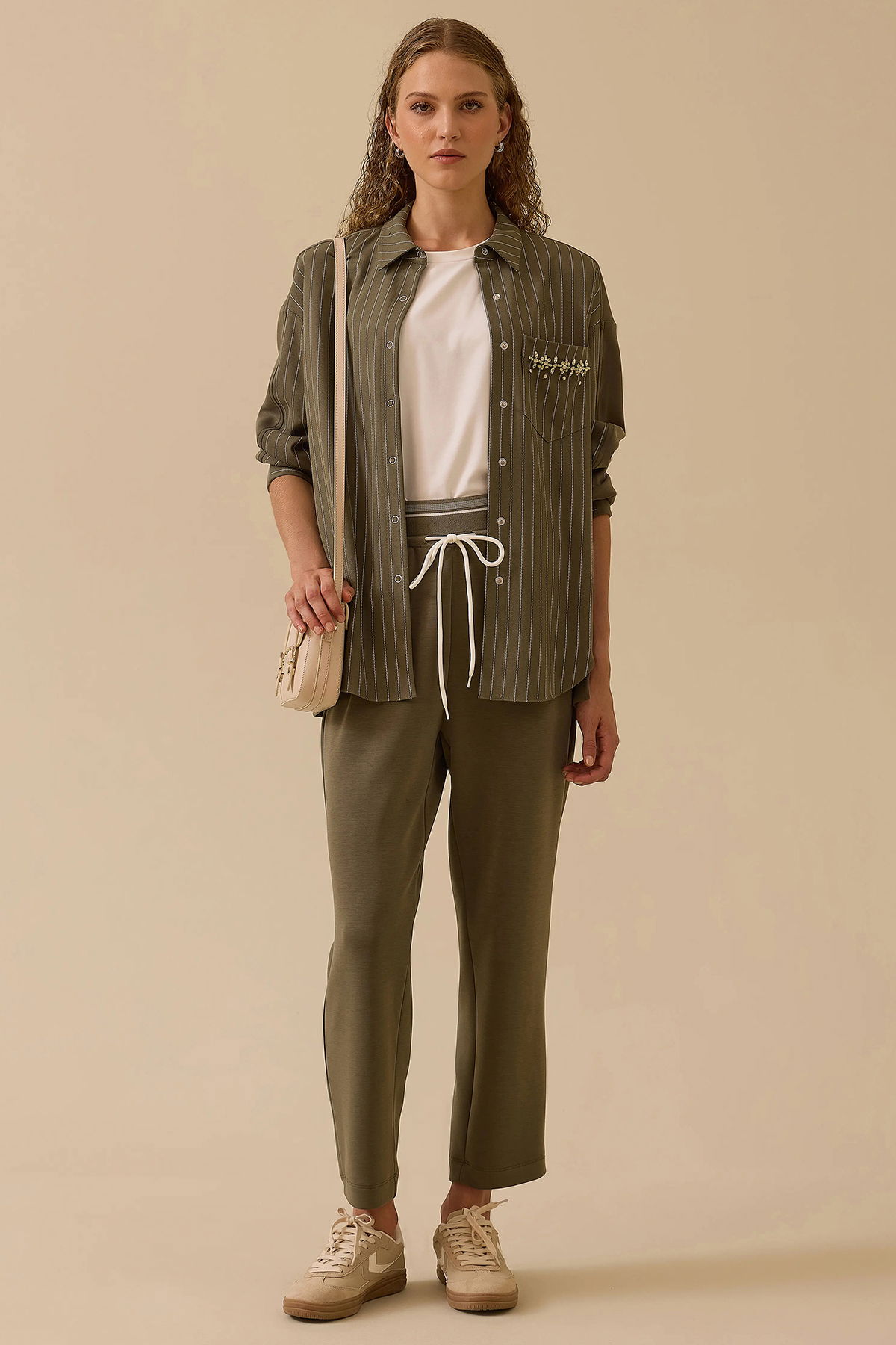 Seçil Kadın Çizgili Taş Detaylı Gömlek 0013 Haki - 2