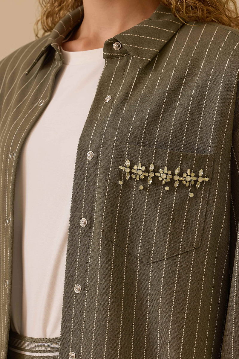 Seçil Kadın Çizgili Taş Detaylı Gömlek 0013 Haki - 3
