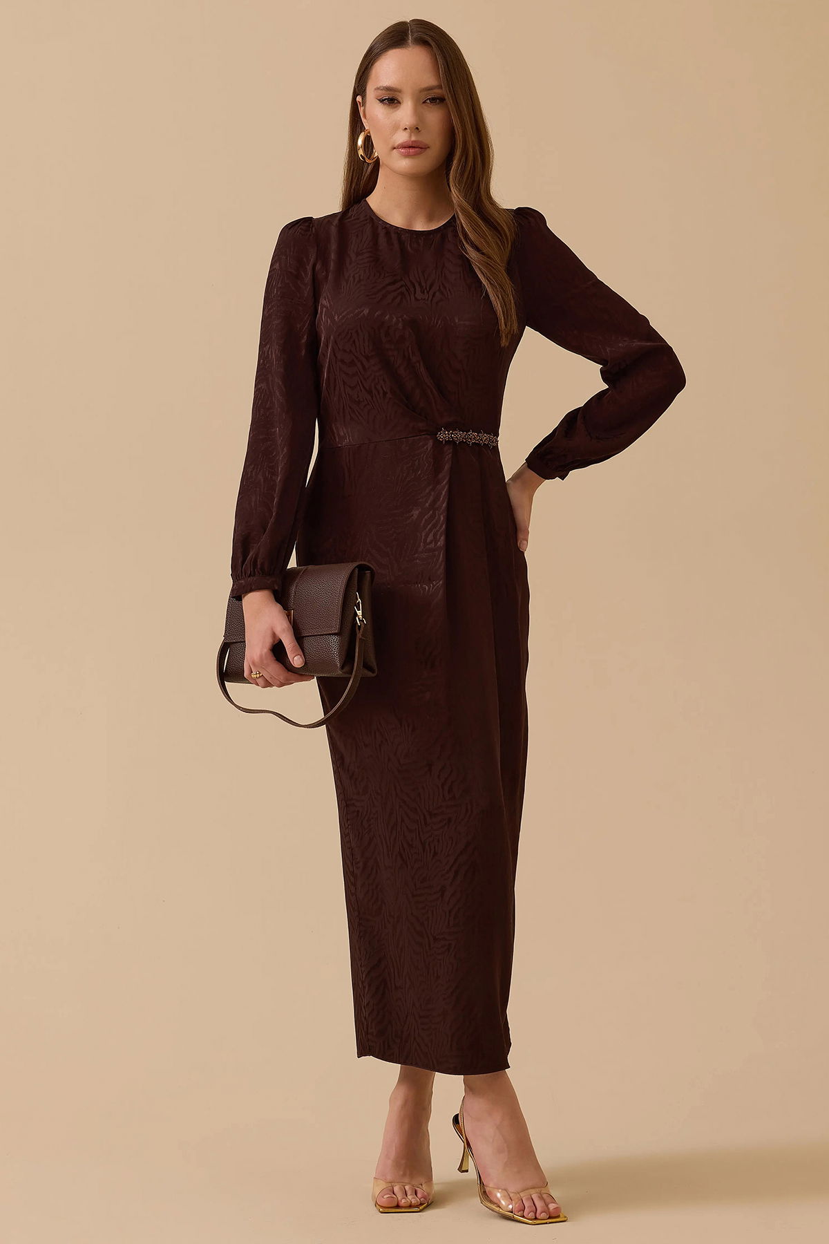 Seçil Kadın Desenli Boncuk Detaylı Saten Elbise 1005 Kahverengi - 1