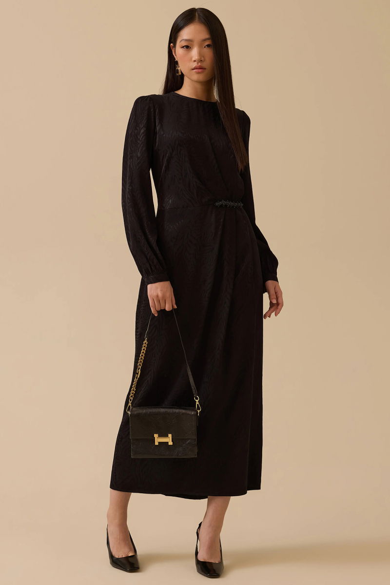 Seçil Kadın Desenli Boncuk Detaylı Saten Elbise 1005 Siyah - Seçil