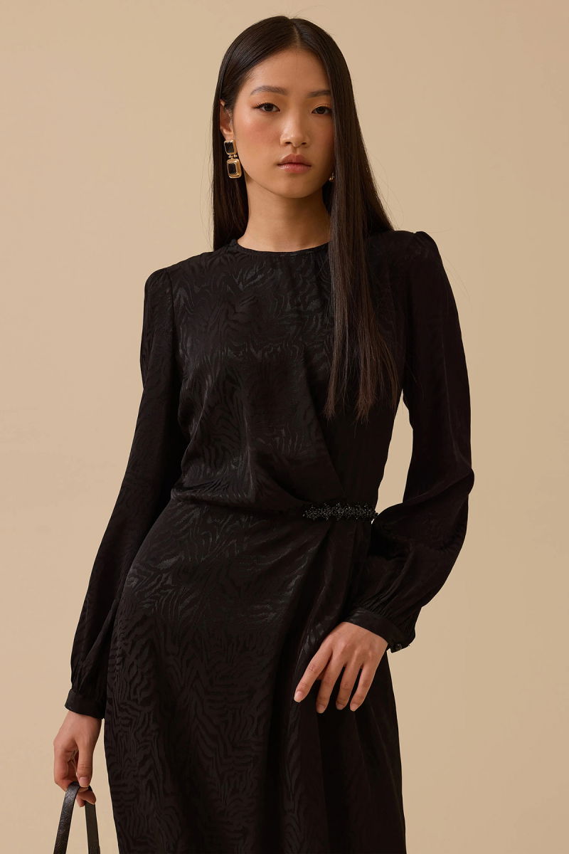 Seçil Kadın Desenli Boncuk Detaylı Saten Elbise 1005 Siyah - 2