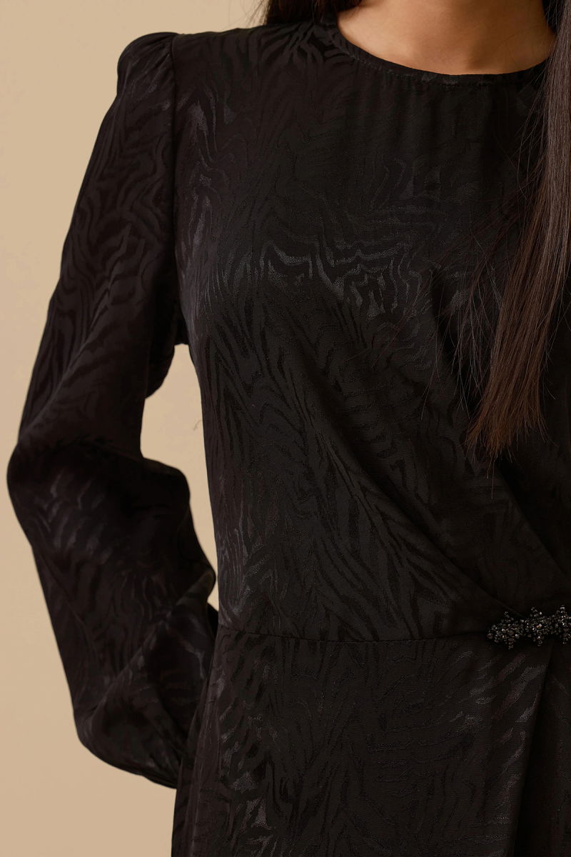 Seçil Kadın Desenli Boncuk Detaylı Saten Elbise 1005 Siyah - 3