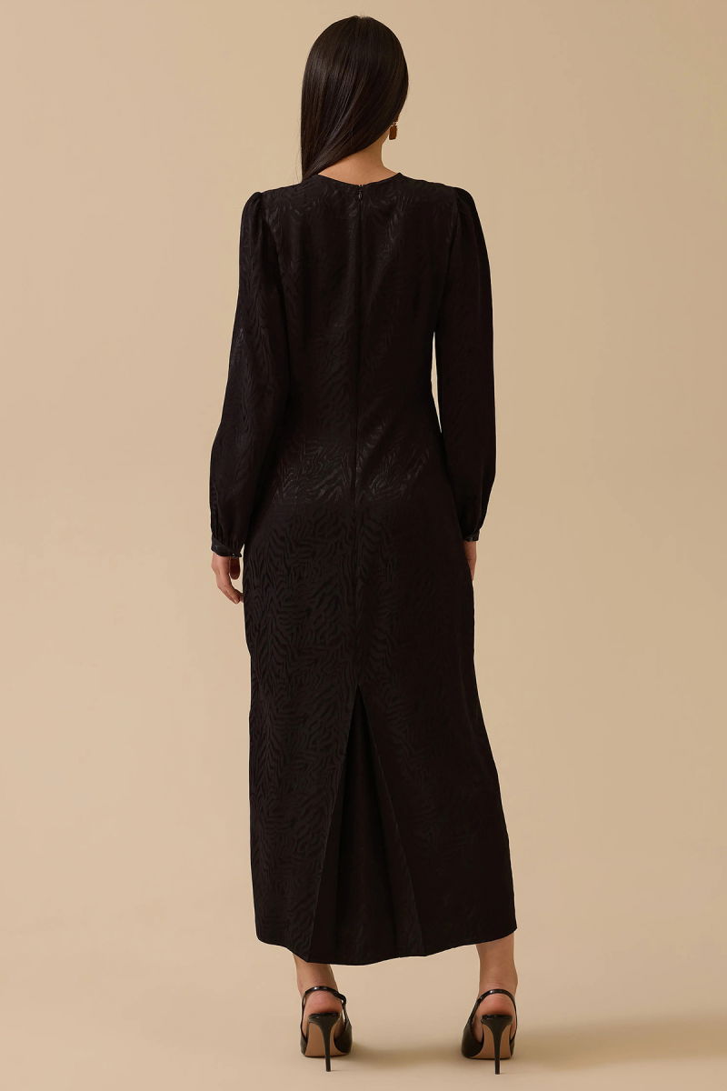 Seçil Kadın Desenli Boncuk Detaylı Saten Elbise 1005 Siyah - 4