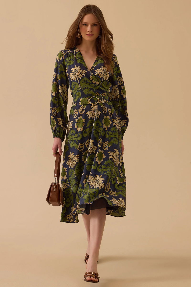 Seçil Kadın Desenli Kemerli Kruvaze Elbise 0005 Yeşil - Seçil