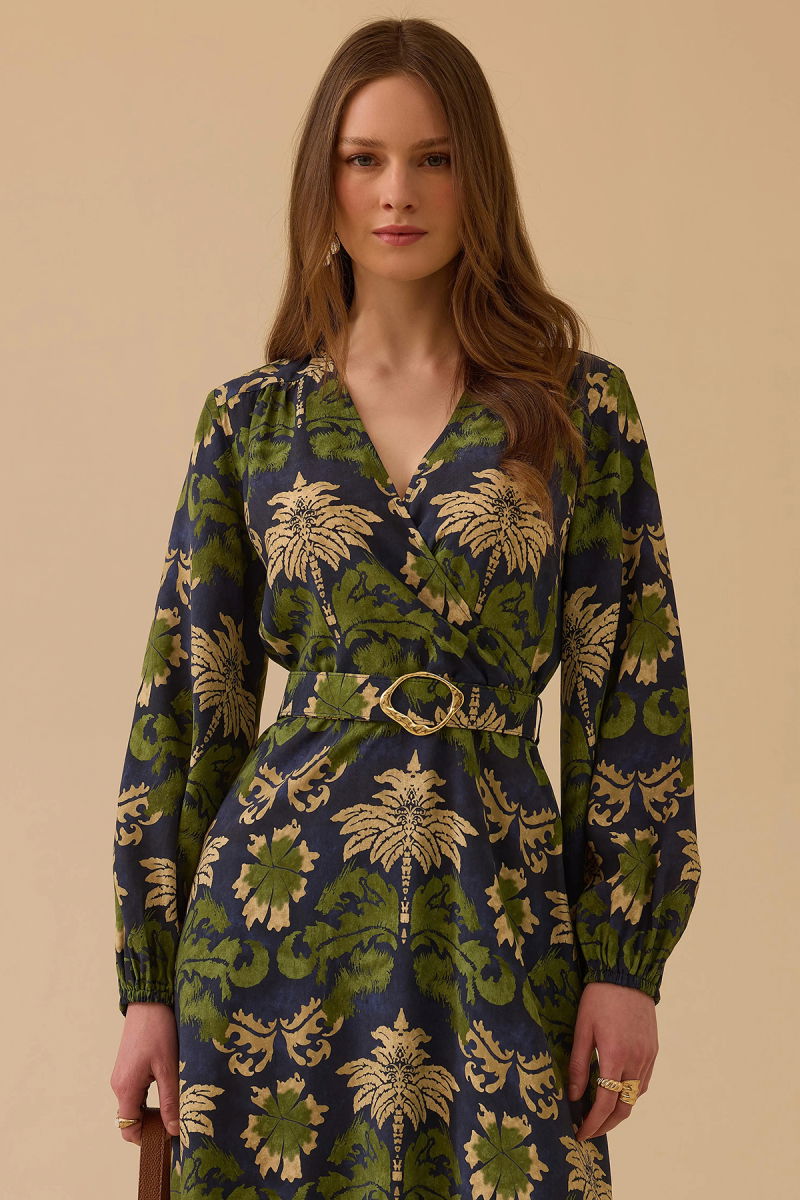 Seçil Kadın Desenli Kemerli Kruvaze Elbise 0005 Yeşil - 2