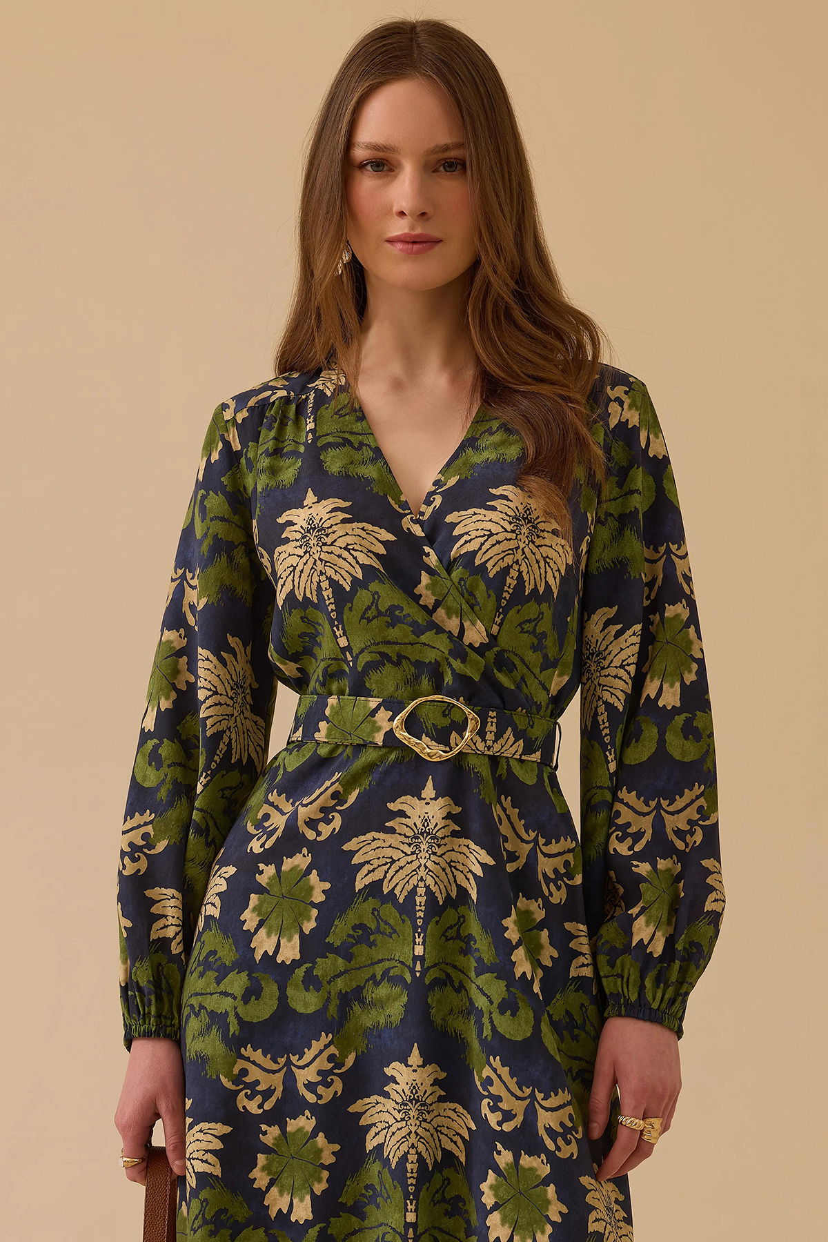 Seçil Kadın Desenli Kemerli Kruvaze Elbise 0005 Yeşil - 2