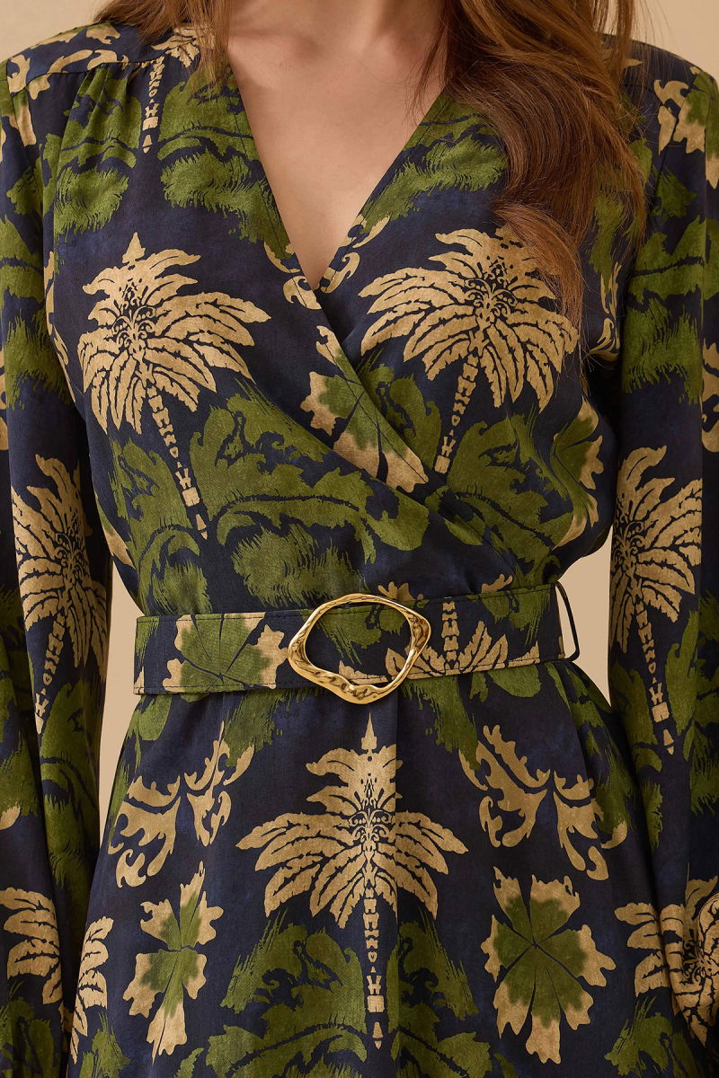 Seçil Kadın Desenli Kemerli Kruvaze Elbise 0005 Yeşil - 3