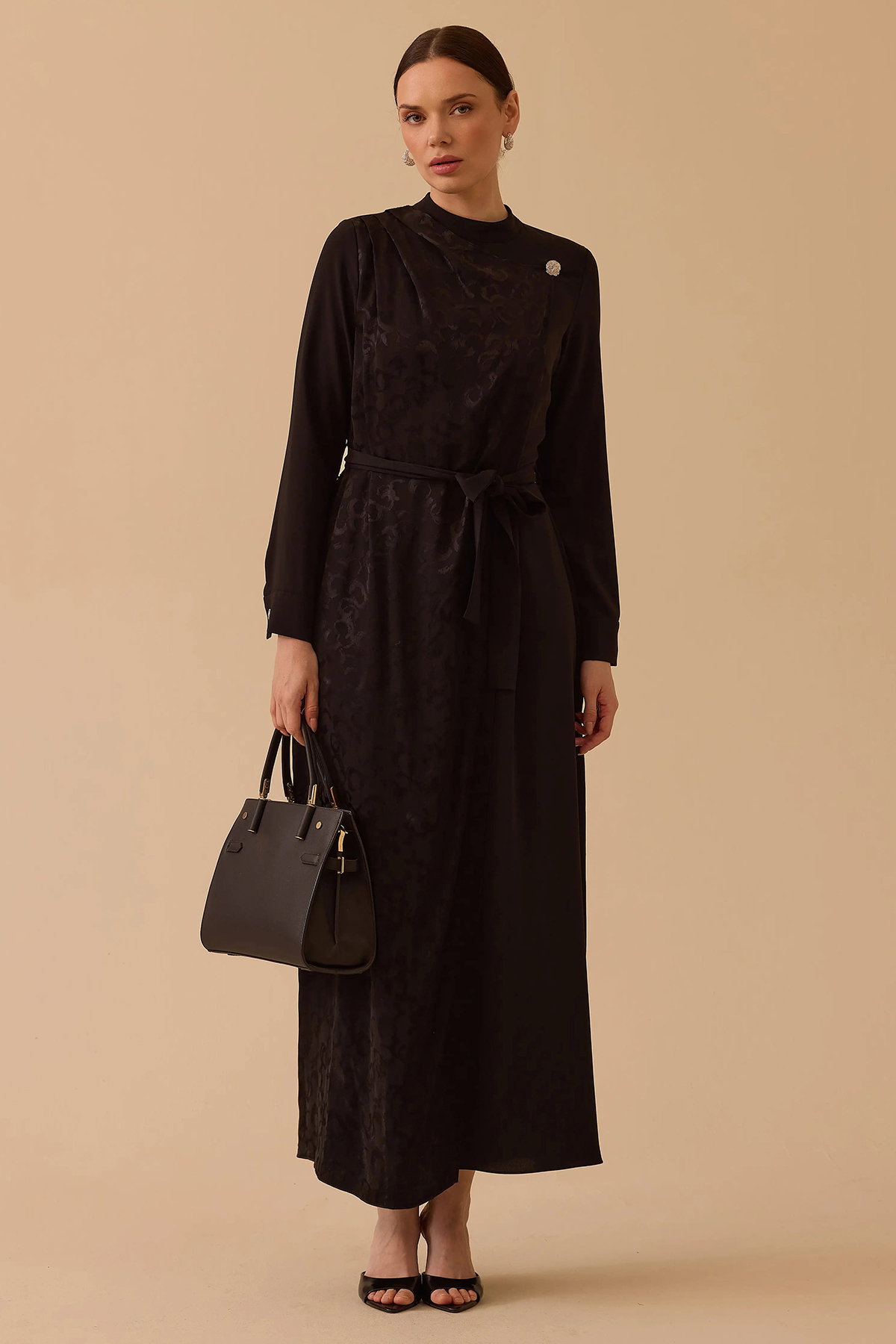 Seçil Kadın Desenli Kuşaklı Jakar Elbise 1024 Siyah - 1