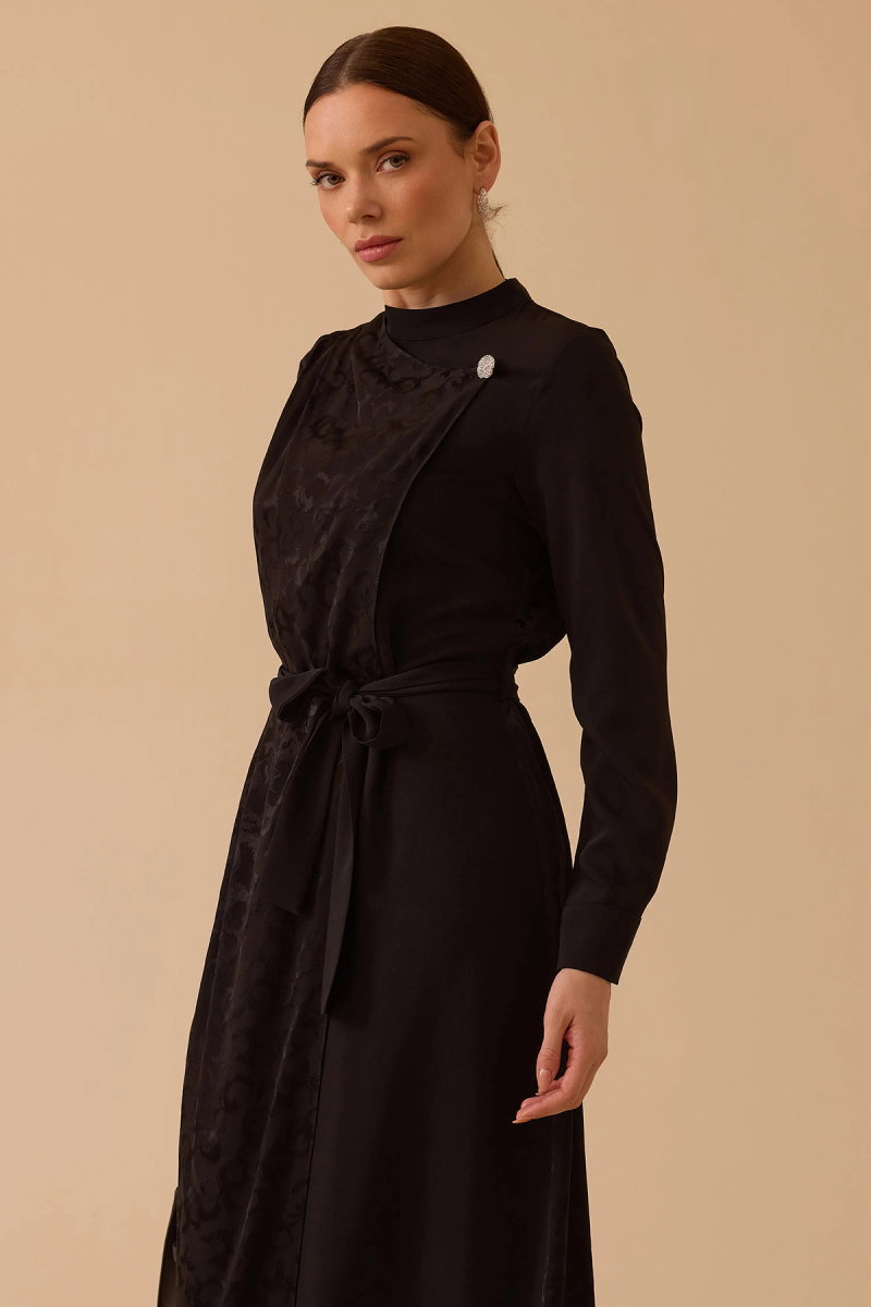 Seçil Kadın Desenli Kuşaklı Jakar Elbise 1024 Siyah - 2