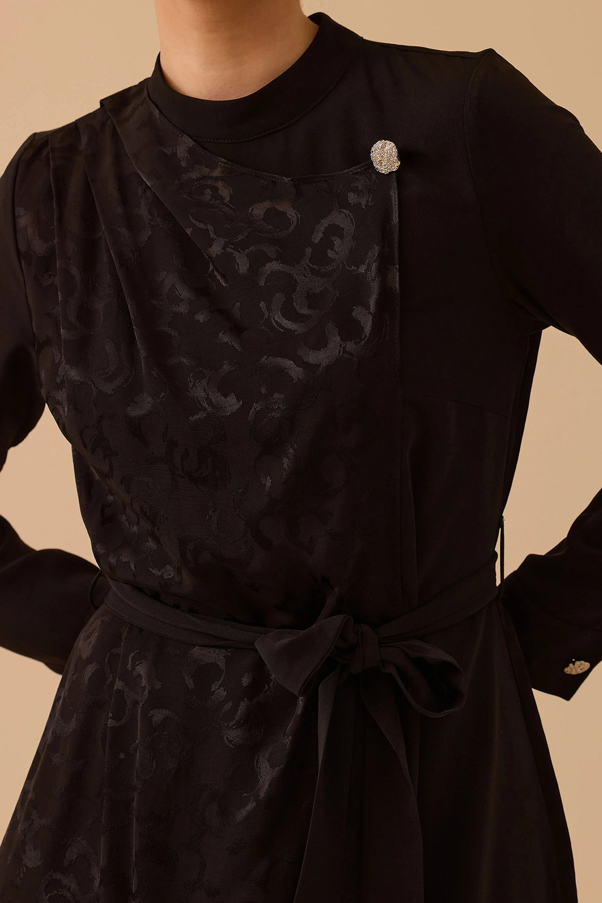 Seçil Kadın Desenli Kuşaklı Jakar Elbise 1024 Siyah - 3