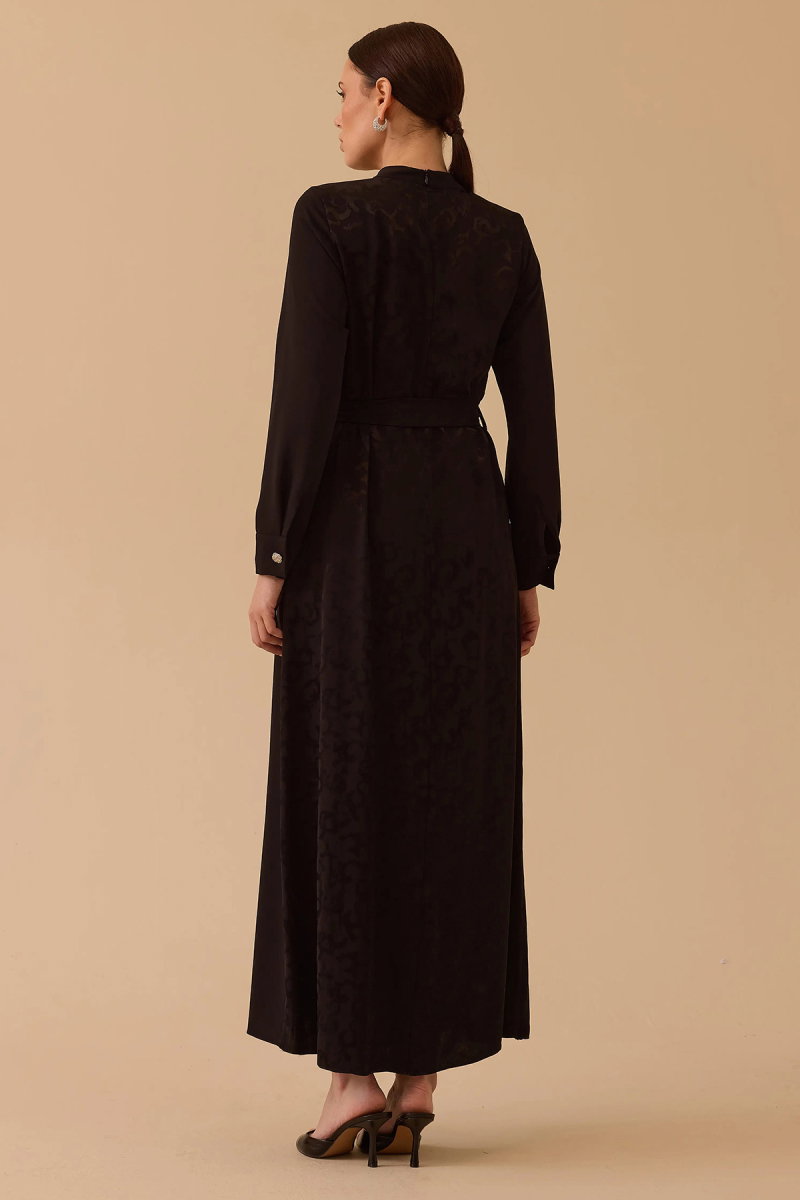 Seçil Kadın Desenli Kuşaklı Jakar Elbise 1024 Siyah - 4